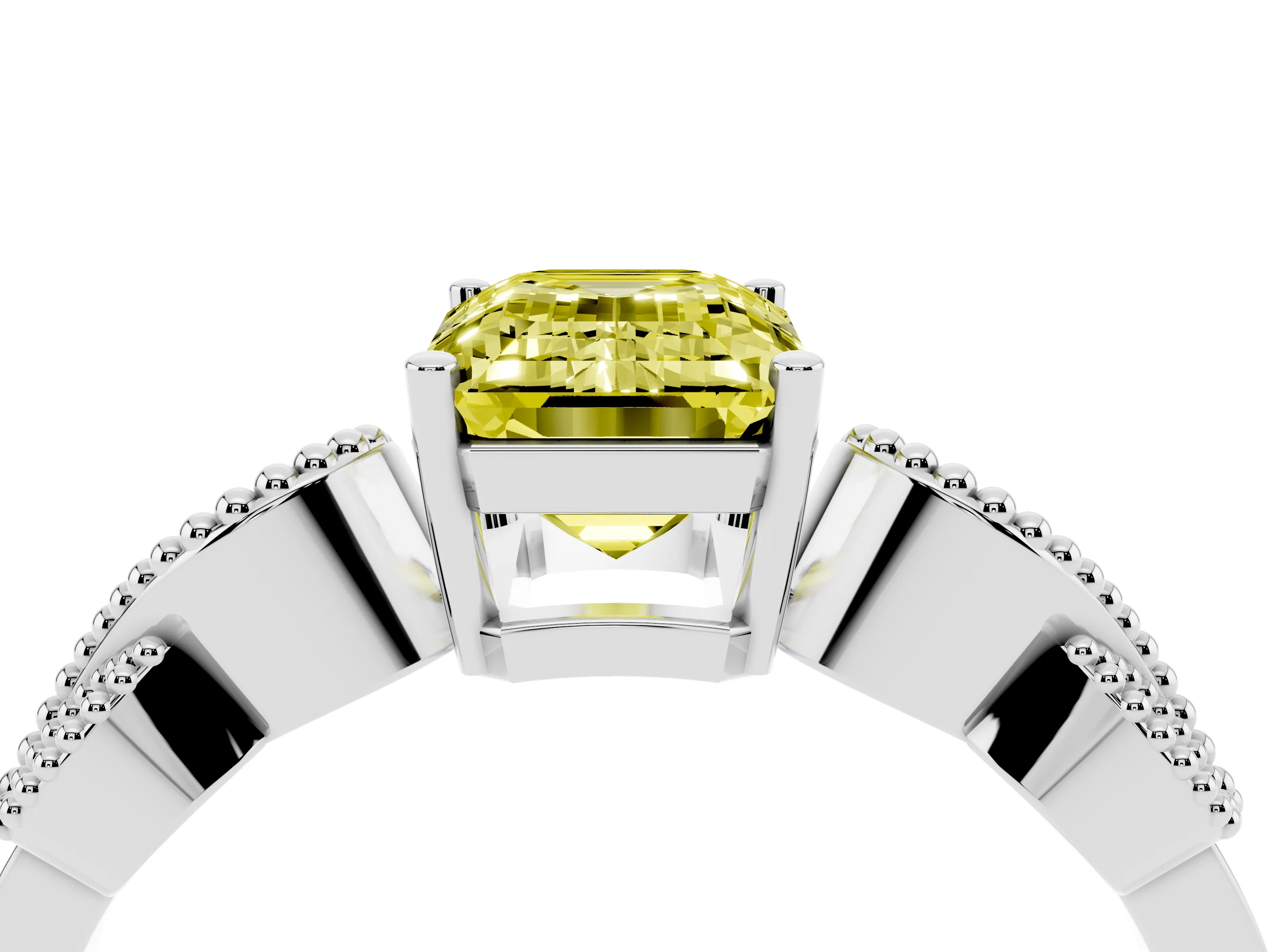 Fancy Yellow Emerald Cut Diamond Milgrain Leaf Band Solitaire Ring Set in White gold with Accent Stones and Prong Setting