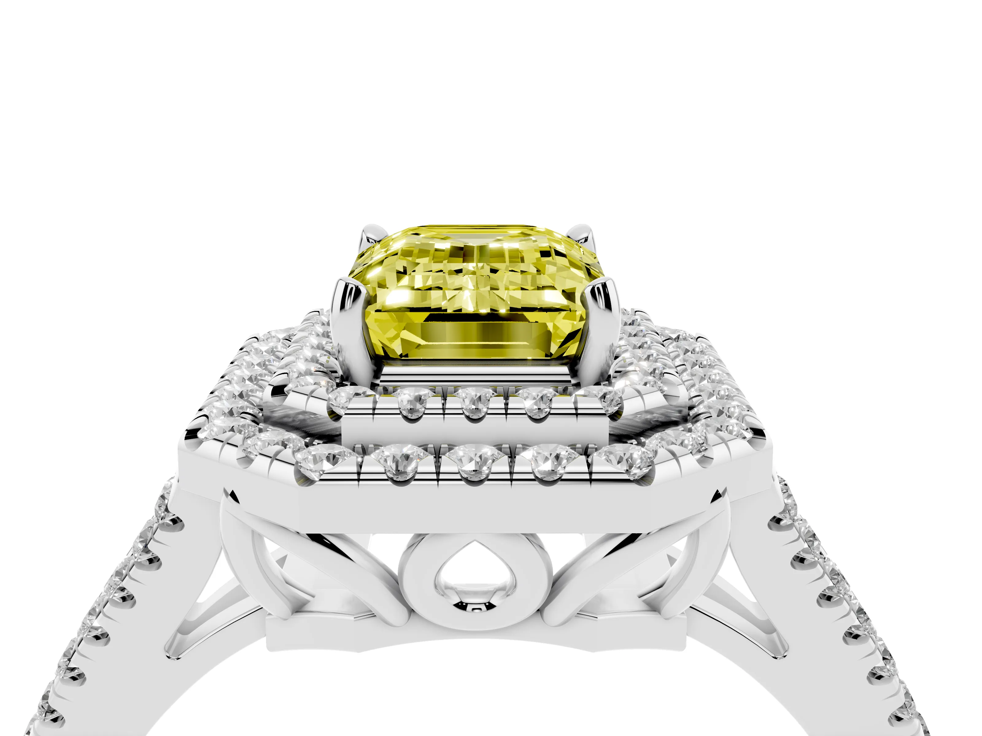 Fancy Yellow Emerald Cut Diamond Double Halo Ring Set in Silver with Pavé Band