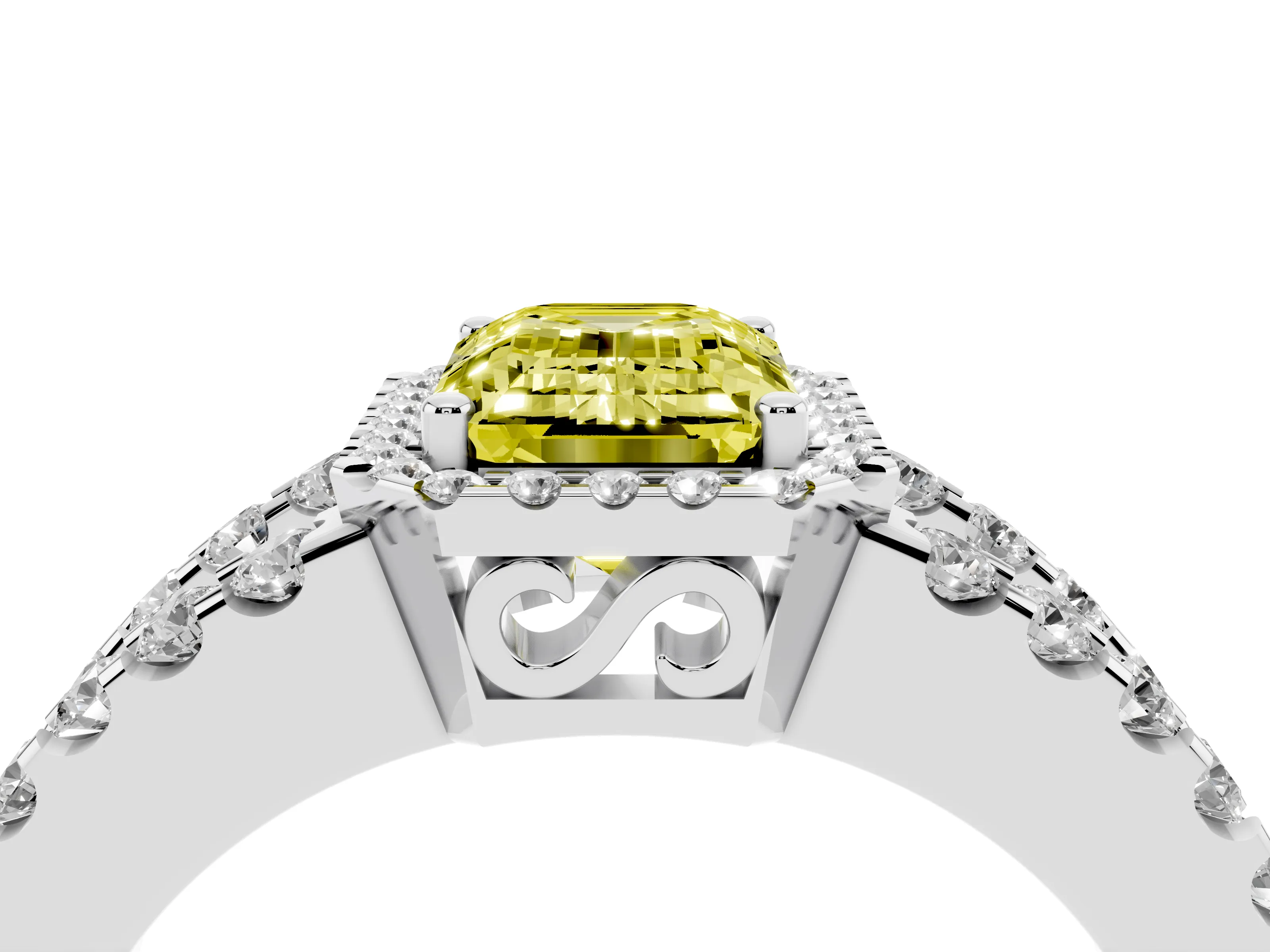 Fancy Yellow Emerald Cut Diamond Halo Ring Set in Platinum with Pavé Split Shank and Prong Setting