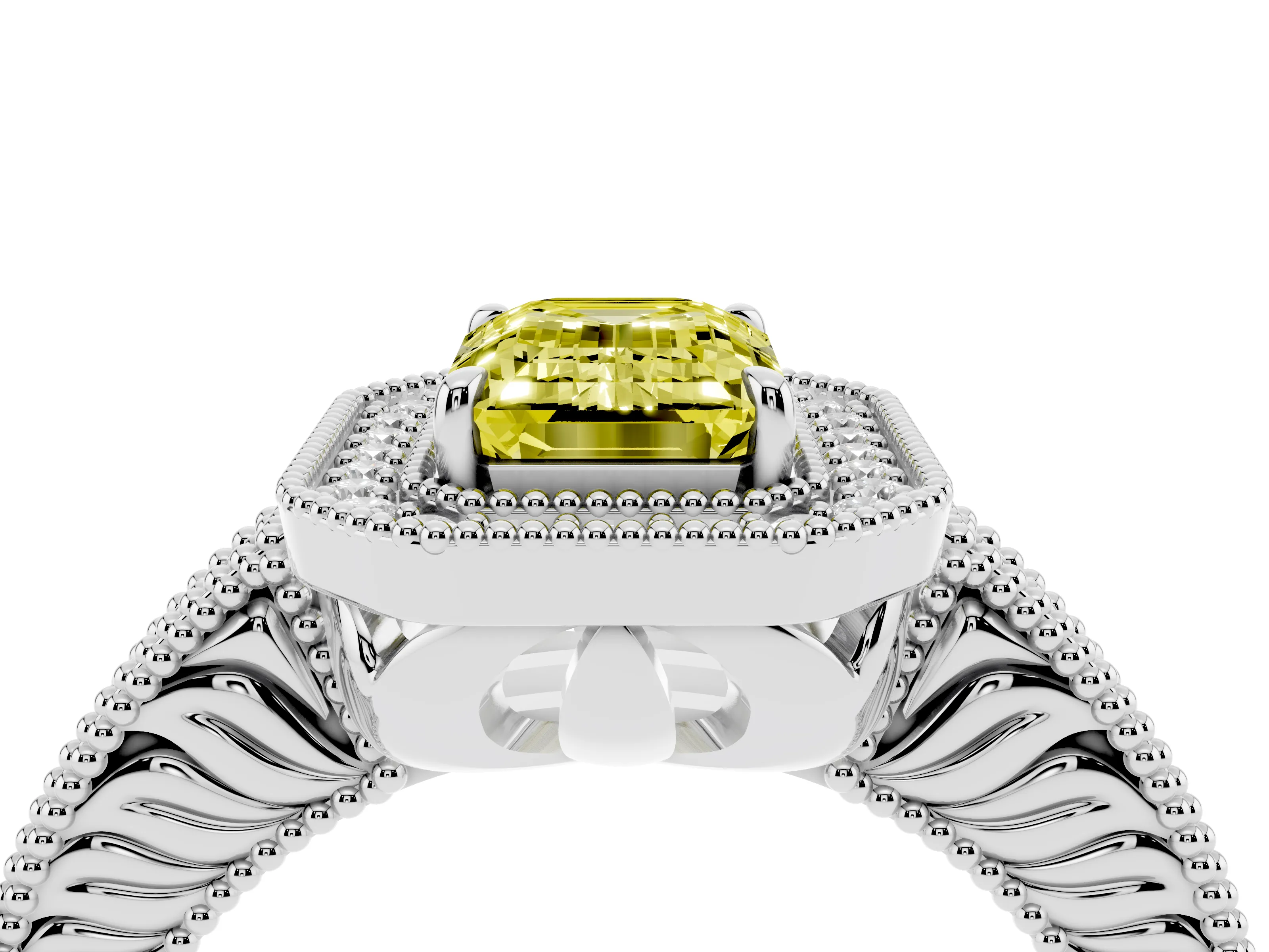 Fancy Yellow Emerald Cut Diamond Halo Ring Set in Silver with Round Accent Halo, Pavé Band and Prong Setting