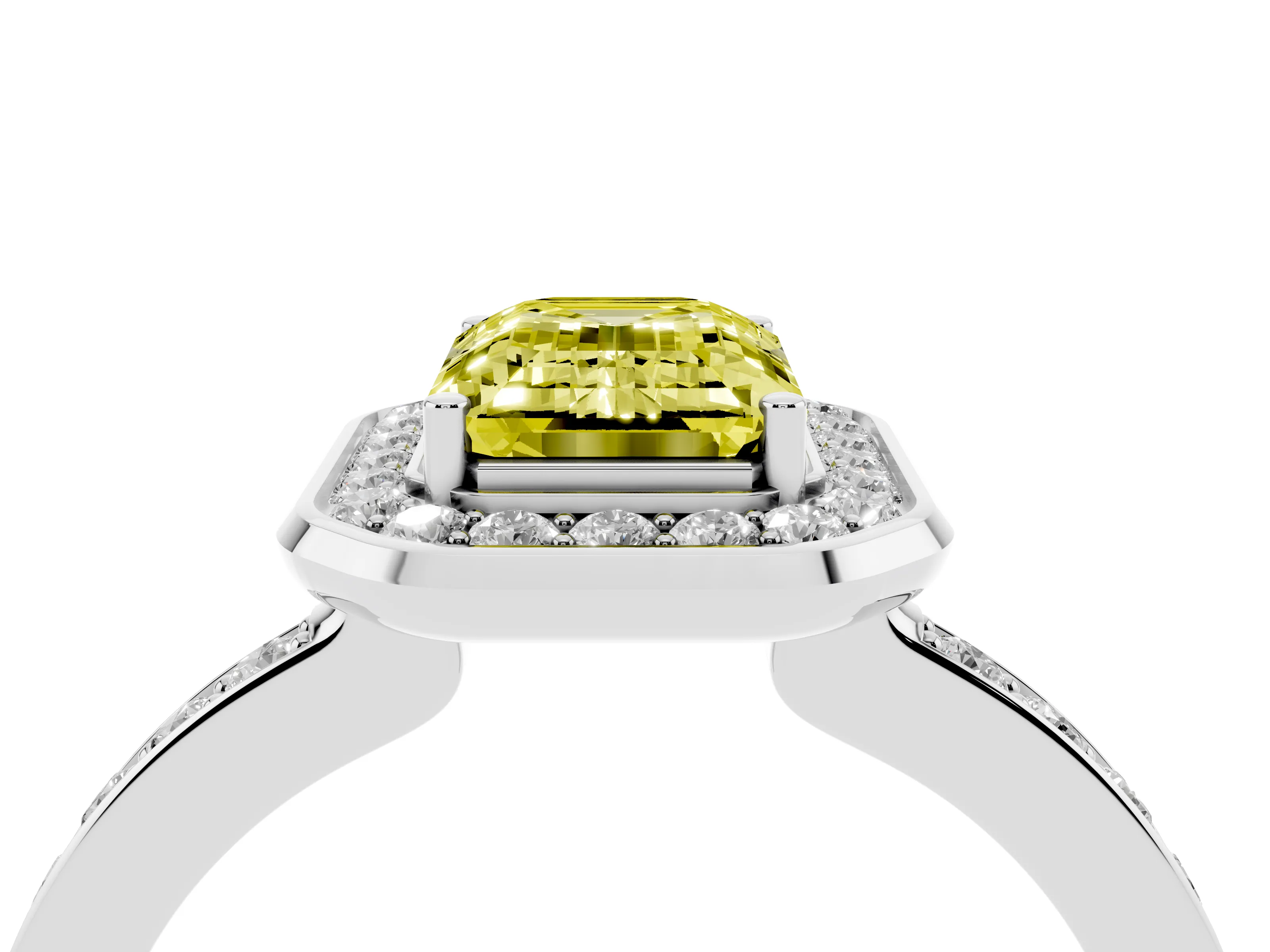 Fancy Yellow Emerald Cut Diamond Halo Ring Set in Silver with Bezel Frame and Pavé Band