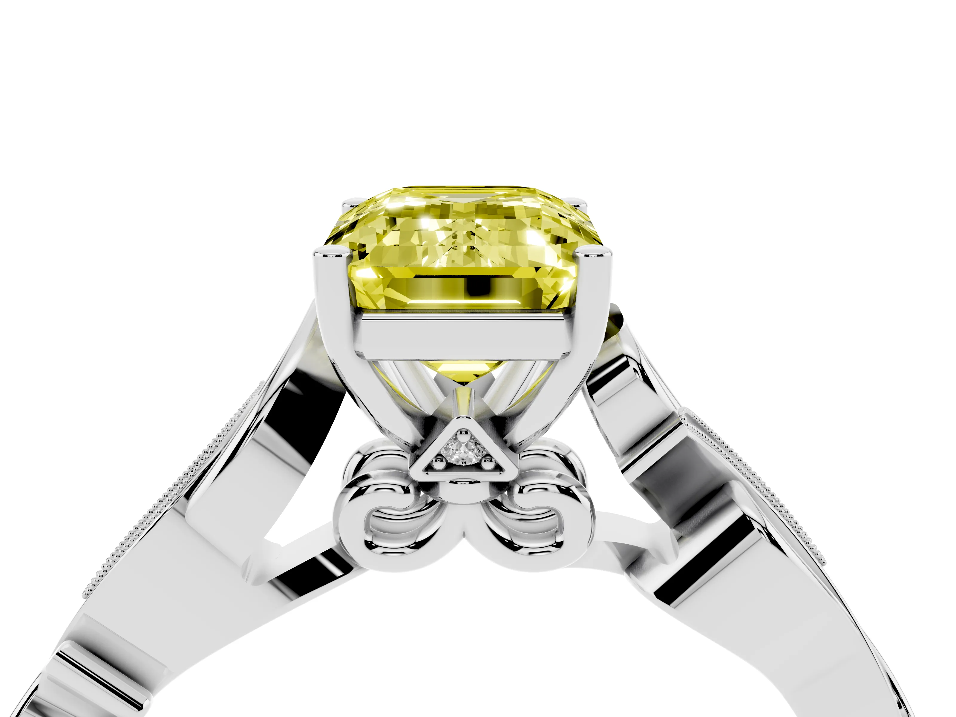 Fancy Yellow Emerald Cut Diamond Vine Band Solitaire Ring Set in White gold with Milgrain Prong Setting