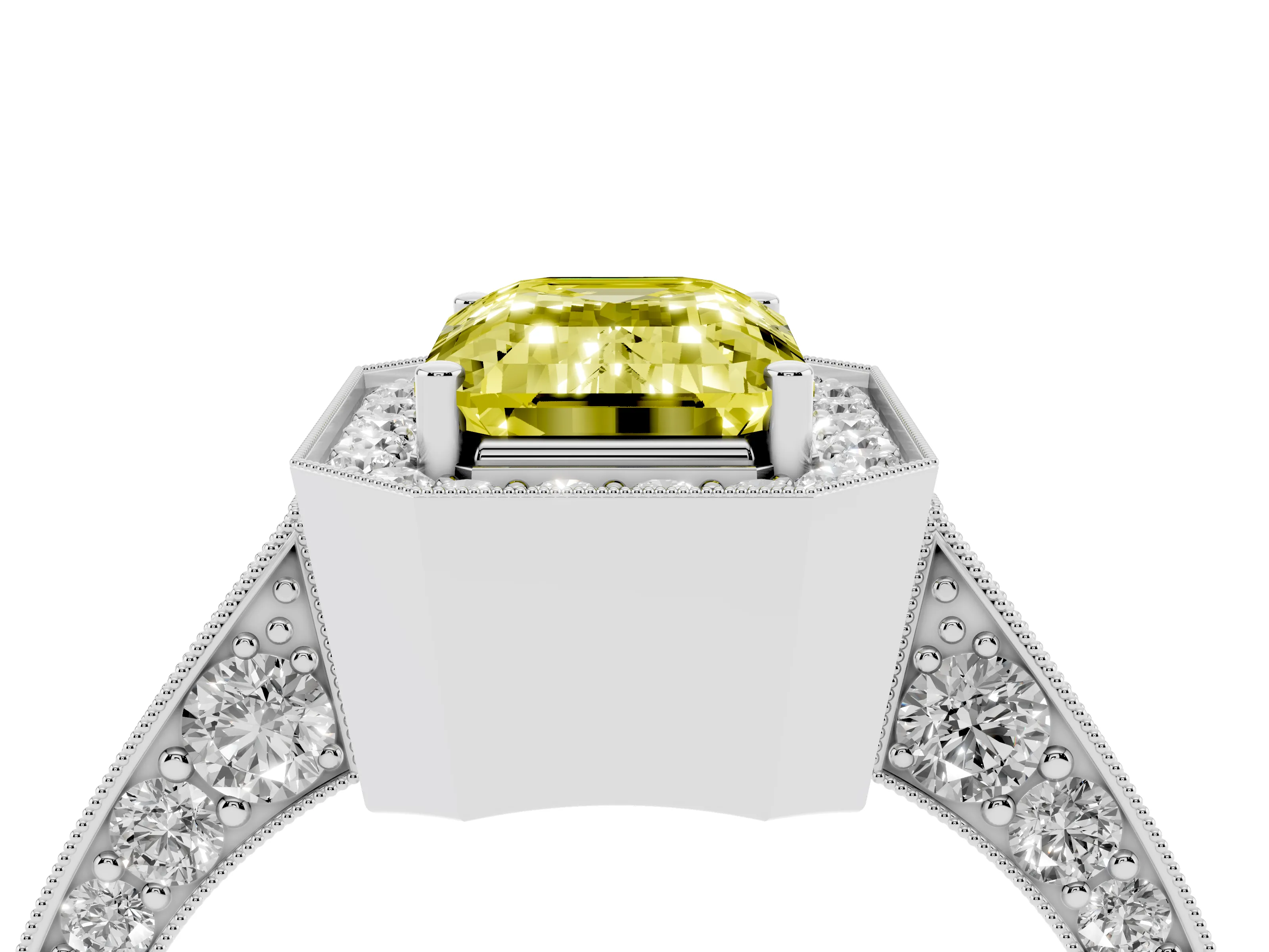 Fancy Yellow Emerald Cut Diamond Halo Engagement Ring Set in Platinum with Accent Split Shank Band