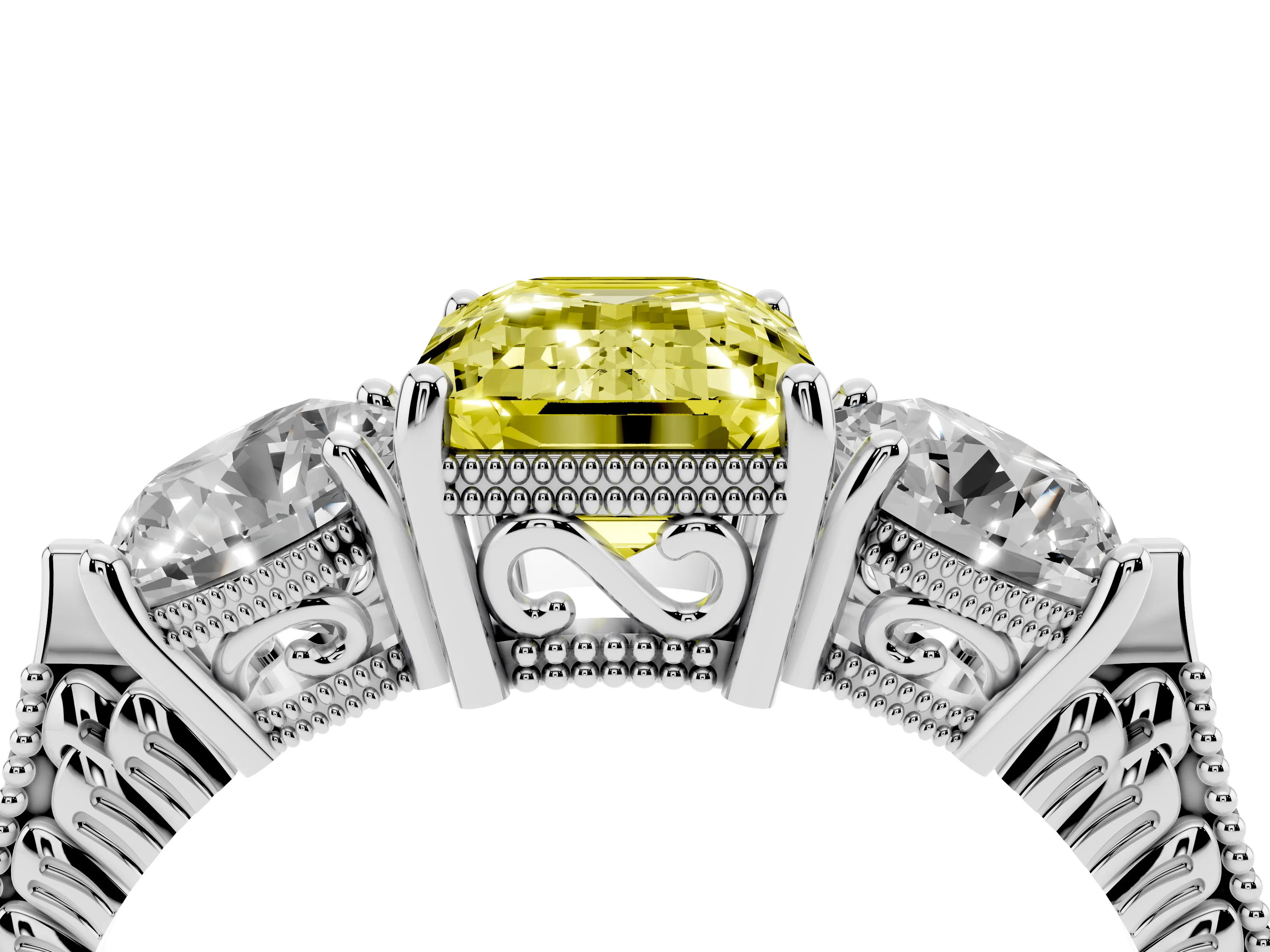 Fancy Yellow Emerald Cut Diamond Three-Stone Ring Set in Platinum with Milgrain Band