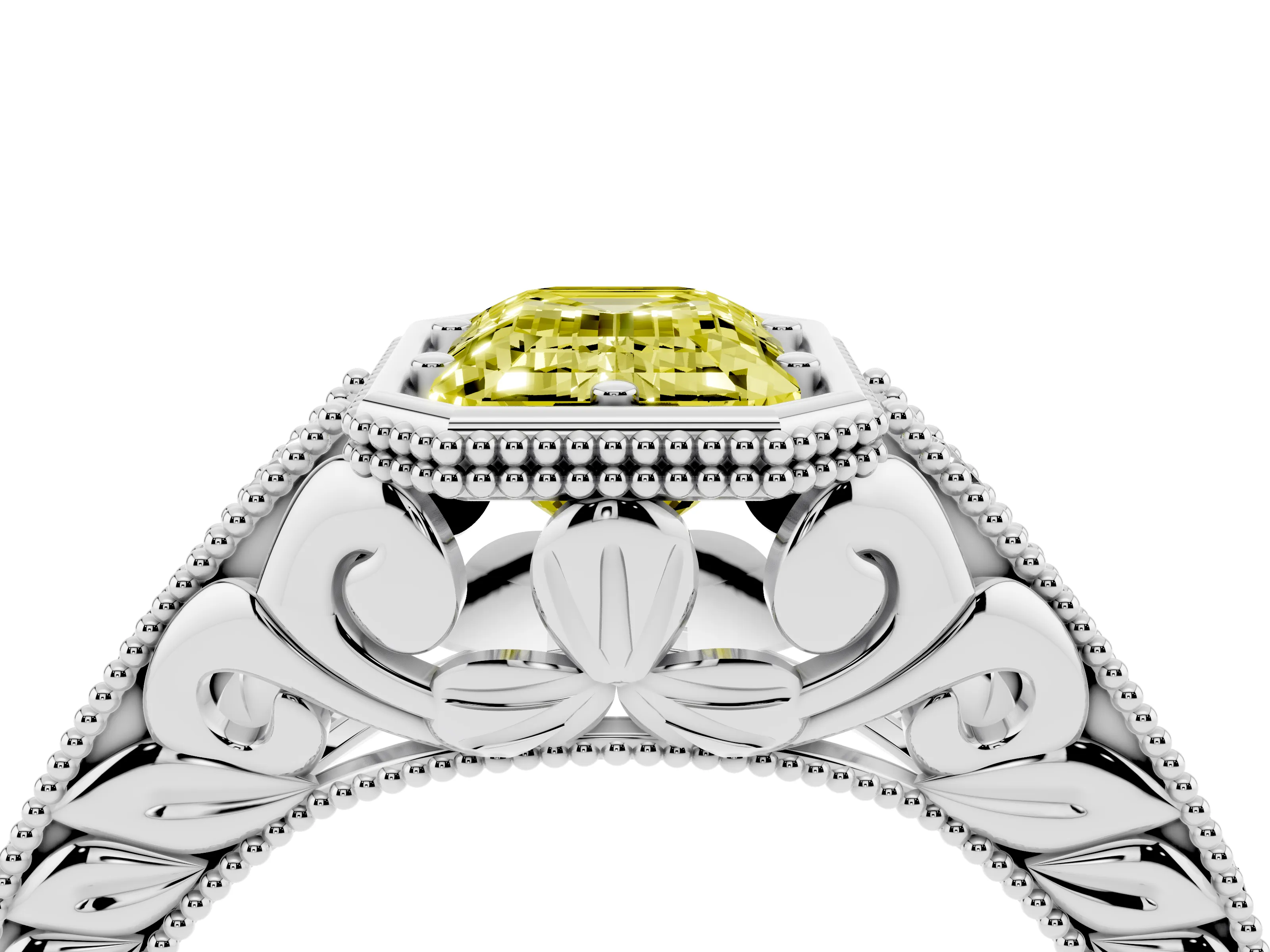 Fancy Yellow Bezel Set Emerald Cut Diamond Milgrain Pavé Engagement Ring Set in Silver
