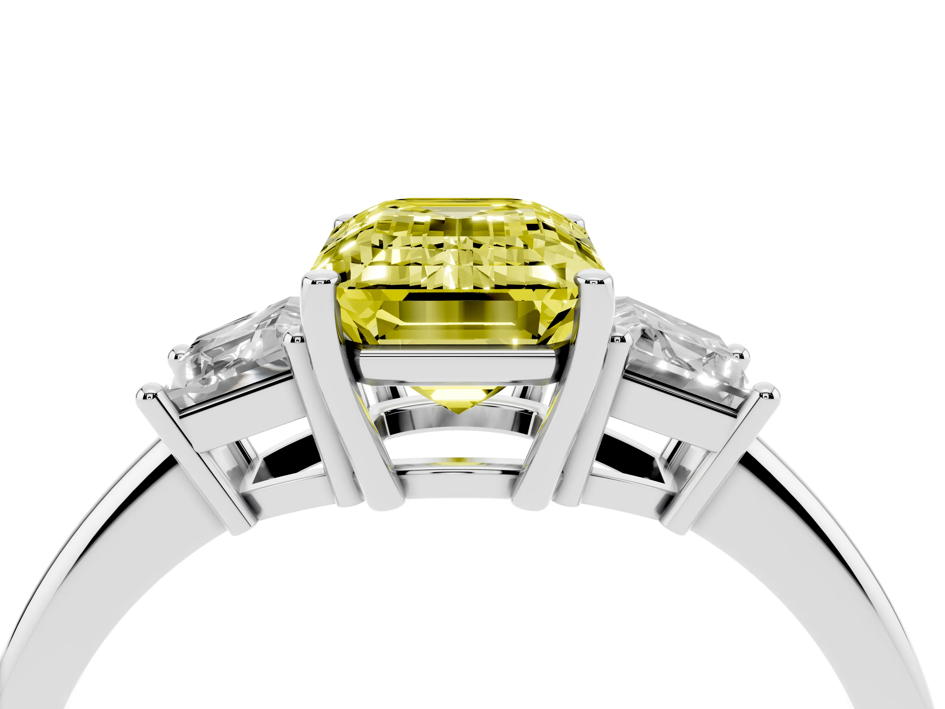 Fancy Yellow Emerald Cut Diamond Three-Stone Ring Set in Silver with Trapezoid Side Stones and Prong Setting