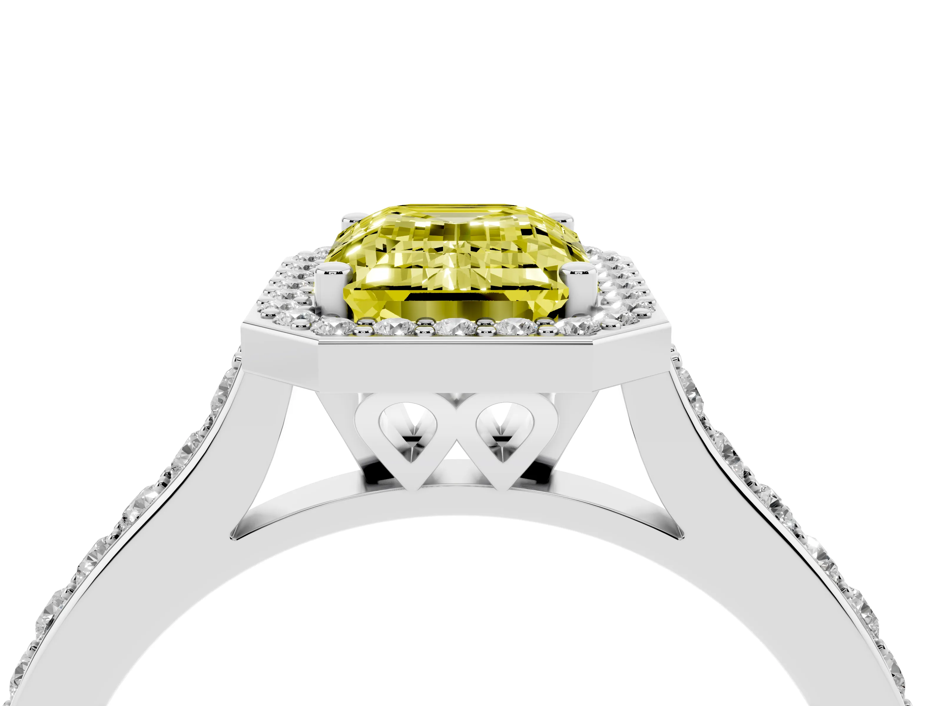 Fancy Yellow Emerald Cut Diamond Halo Engagement Ring Set in Silver with Round Pavé Shoulders and Heart Gallery