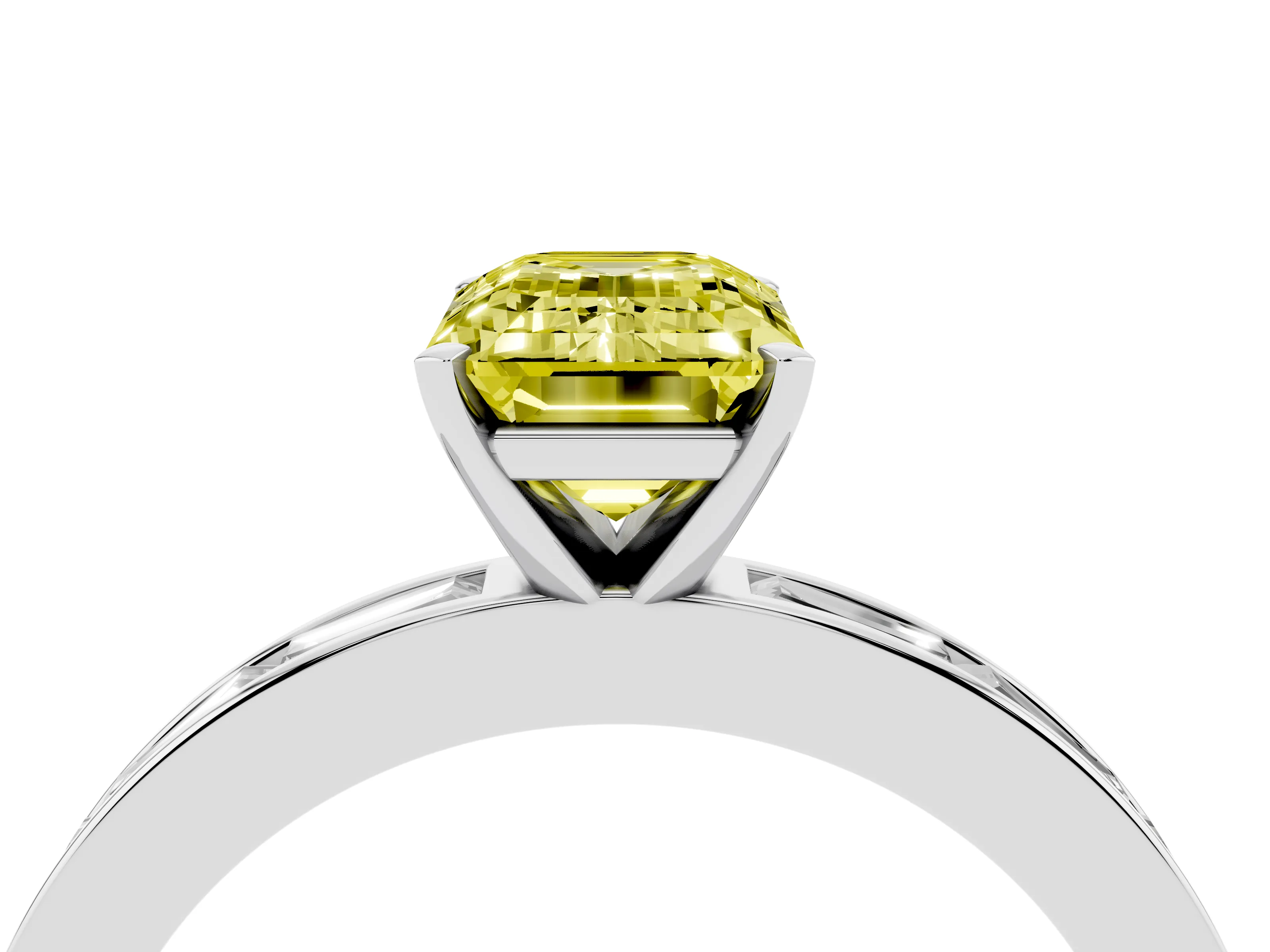 Fancy Yellow Emerald Cut Diamond Solitaire Ring Set in White gold with Channel-Set Baguette Band and Prong Setting