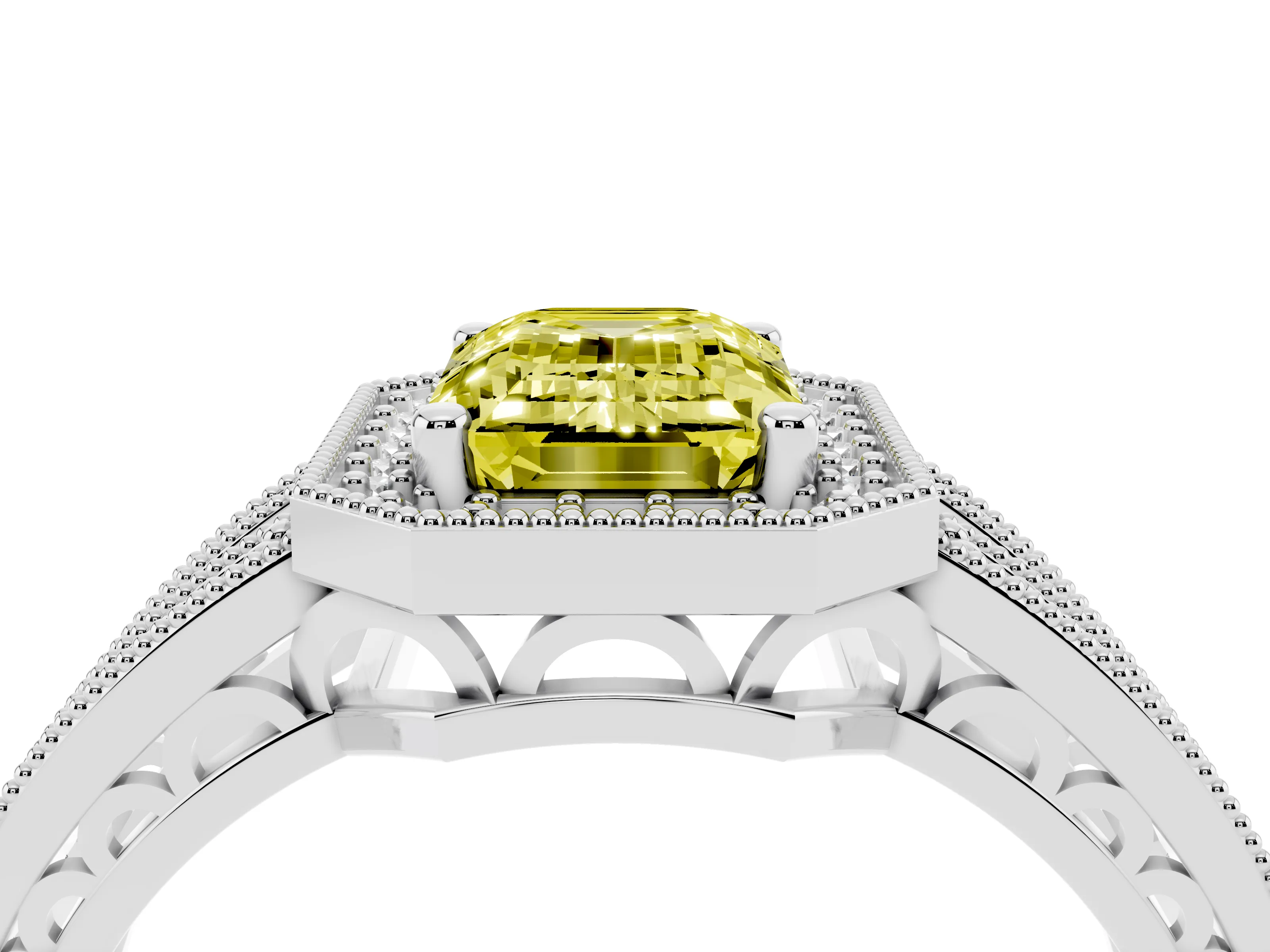 Fancy Yellow Emerald Cut Diamond Halo Ring Set in Platinum with Accent Split Shank and Prong Setting