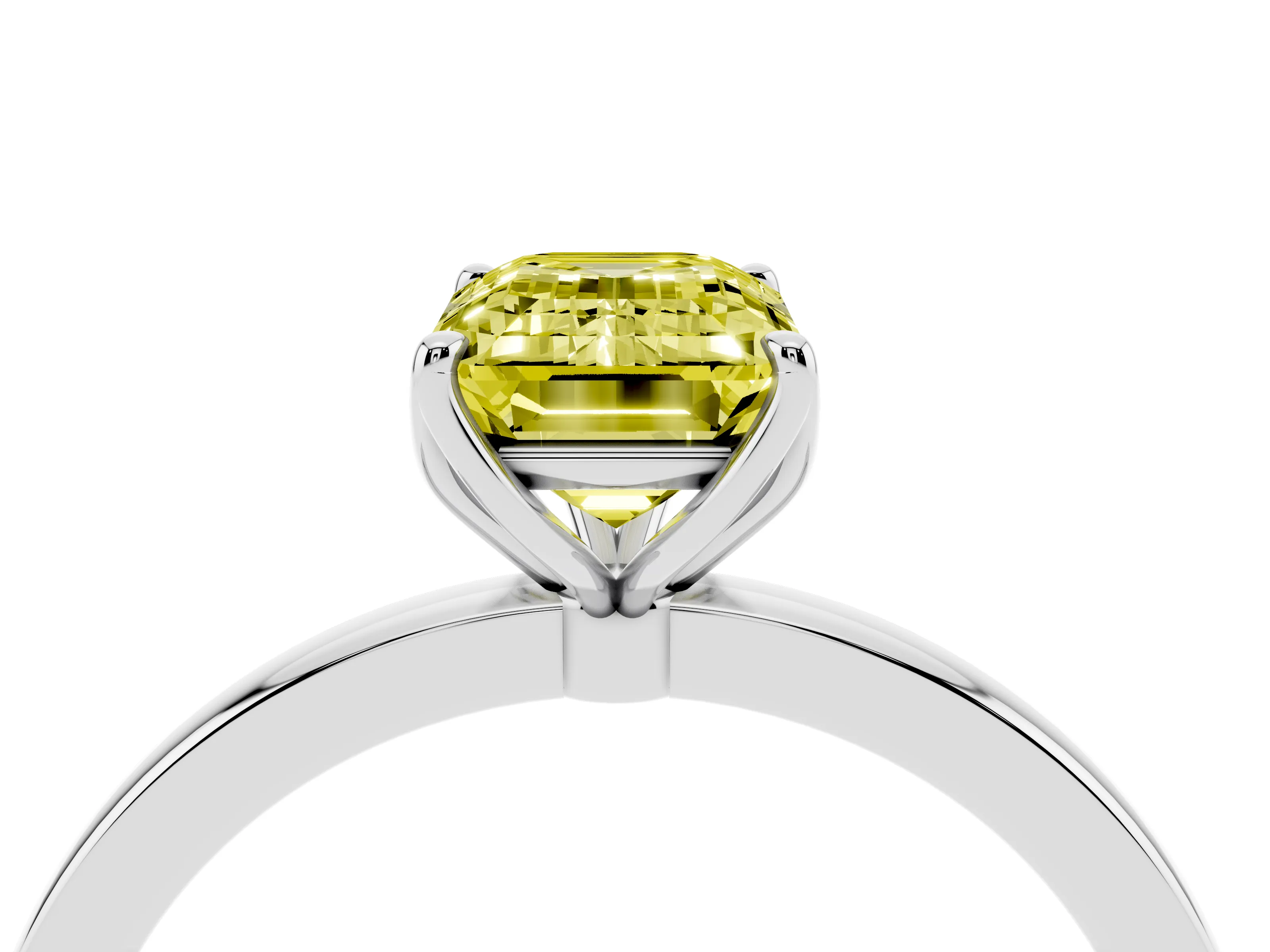 Fancy Yellow Emerald Cut Diamond Solitaire Ring Set in White gold with Prong Setting and Thin Polished Band