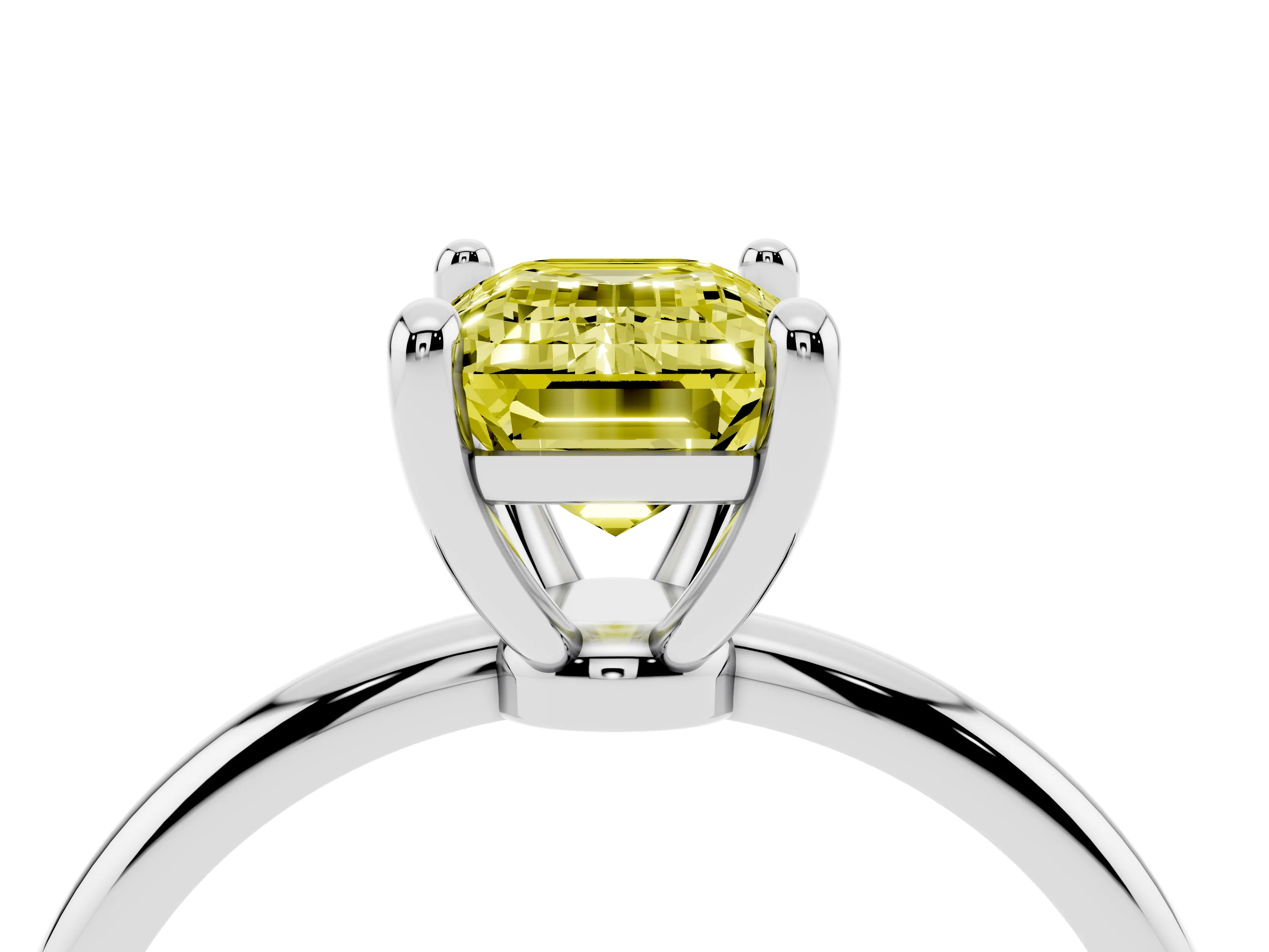 Fancy Yellow Emerald Cut Diamond Solitaire Ring Set in White gold with Secure Prong Setting on a Classic Band