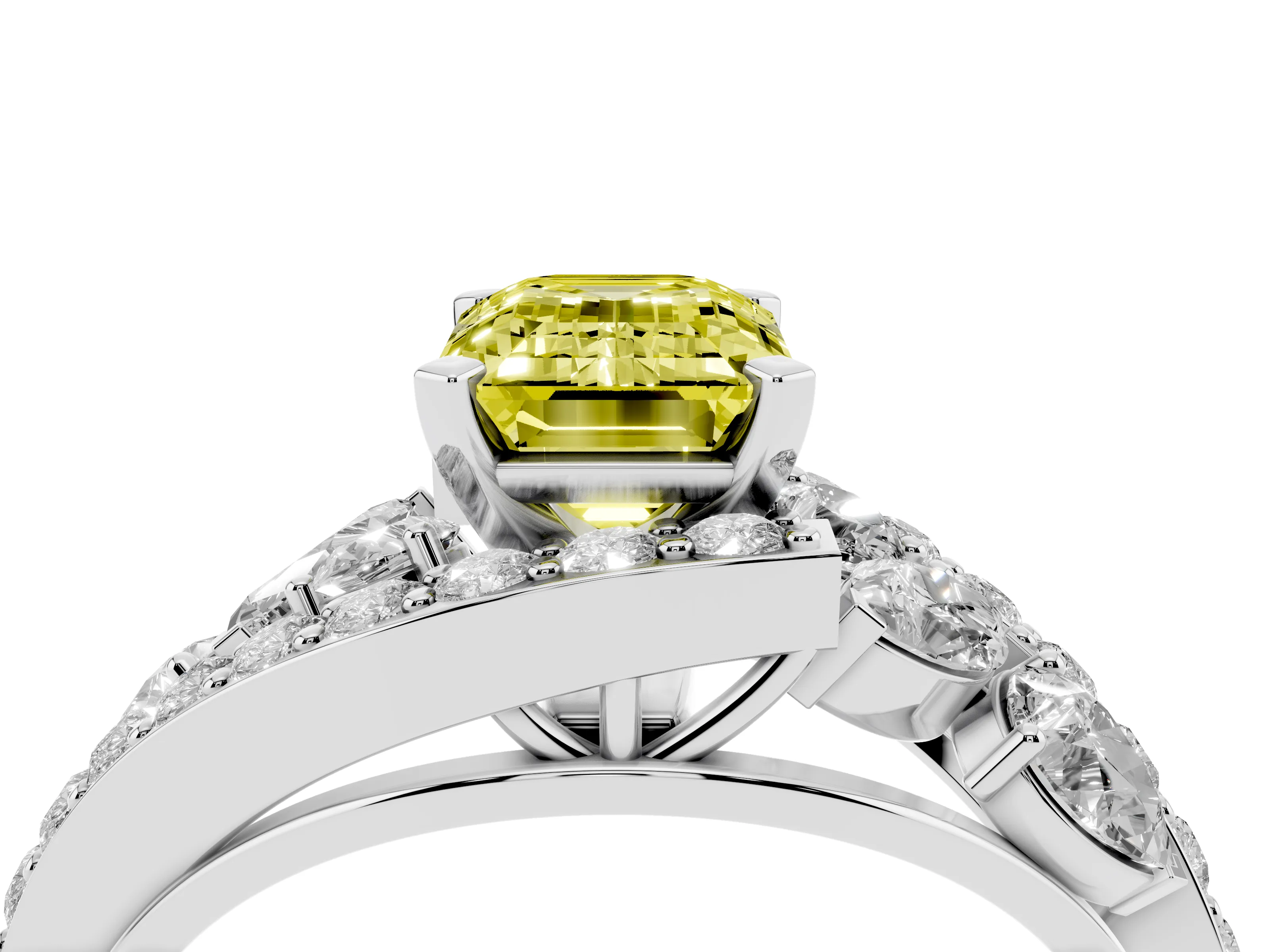 Fancy Yellow Emerald Cut Diamond Halo Ring Set in White gold with Marquise and Pavé Band in Prong Setting