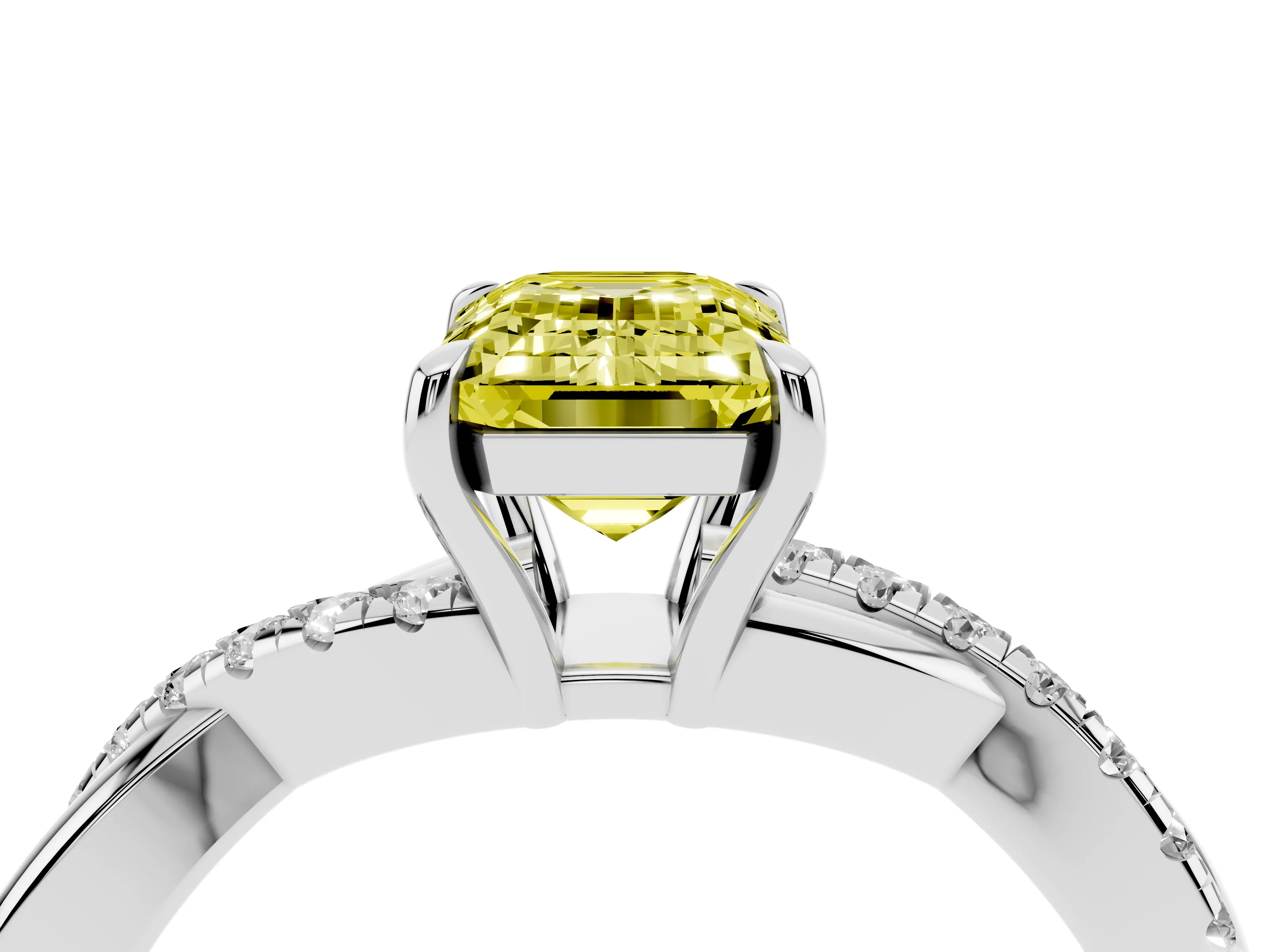 Fancy Yellow Emerald Cut Diamond Twisted Pavé Band Ring Set in Platinum with Prong Setting