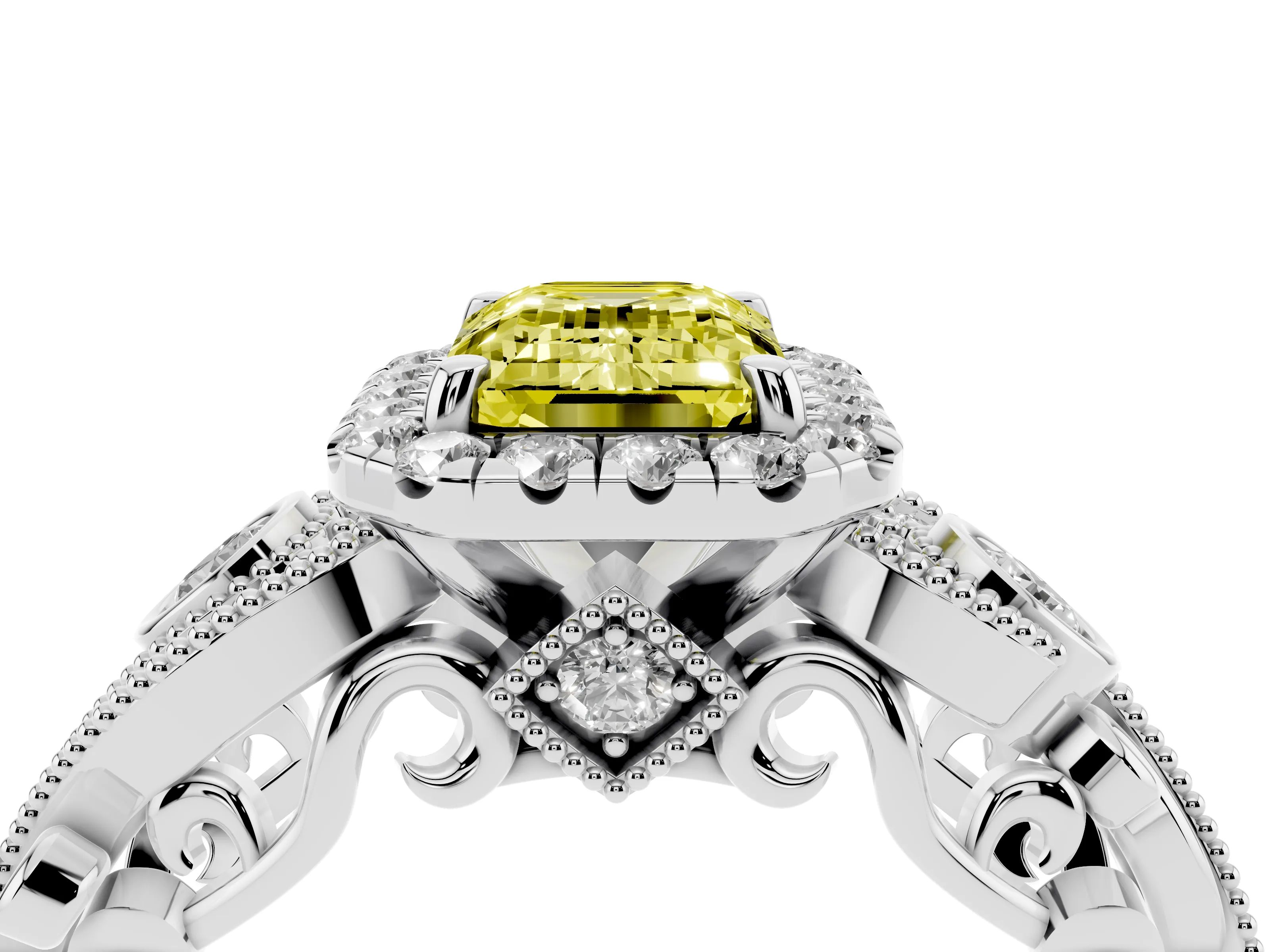 Fancy Yellow Emerald Cut Diamond Halo Ring Set in Silver with Milgrain Pavé Band and Prong Setting