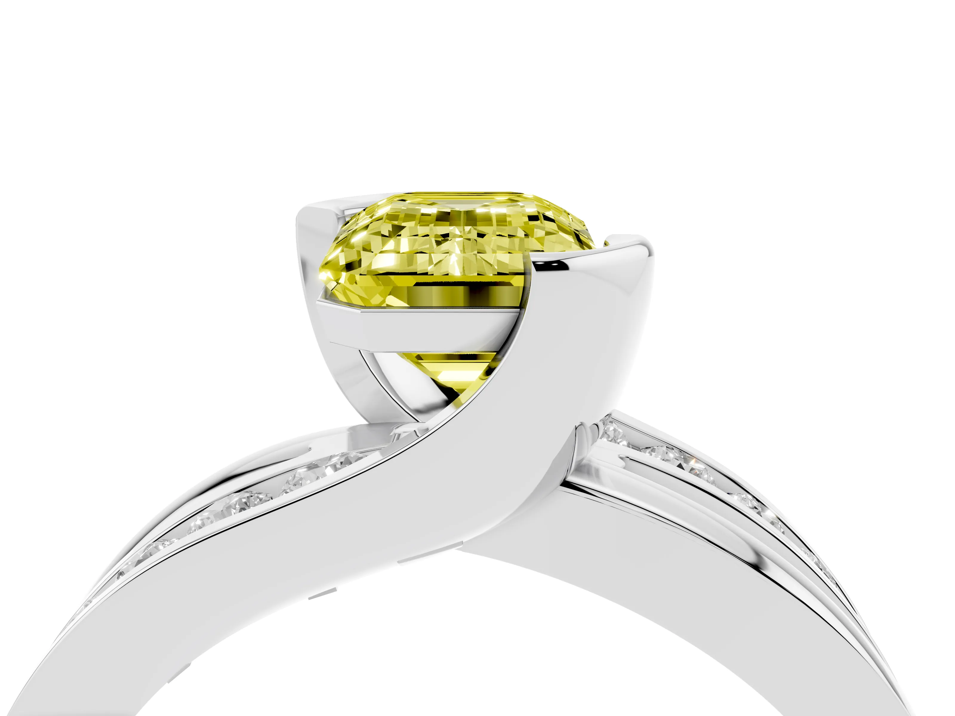 Fancy Yellow Emerald Cut Diamond Solitaire Ring Set in Silver with Channel Set Split Shank and Tension Prongs