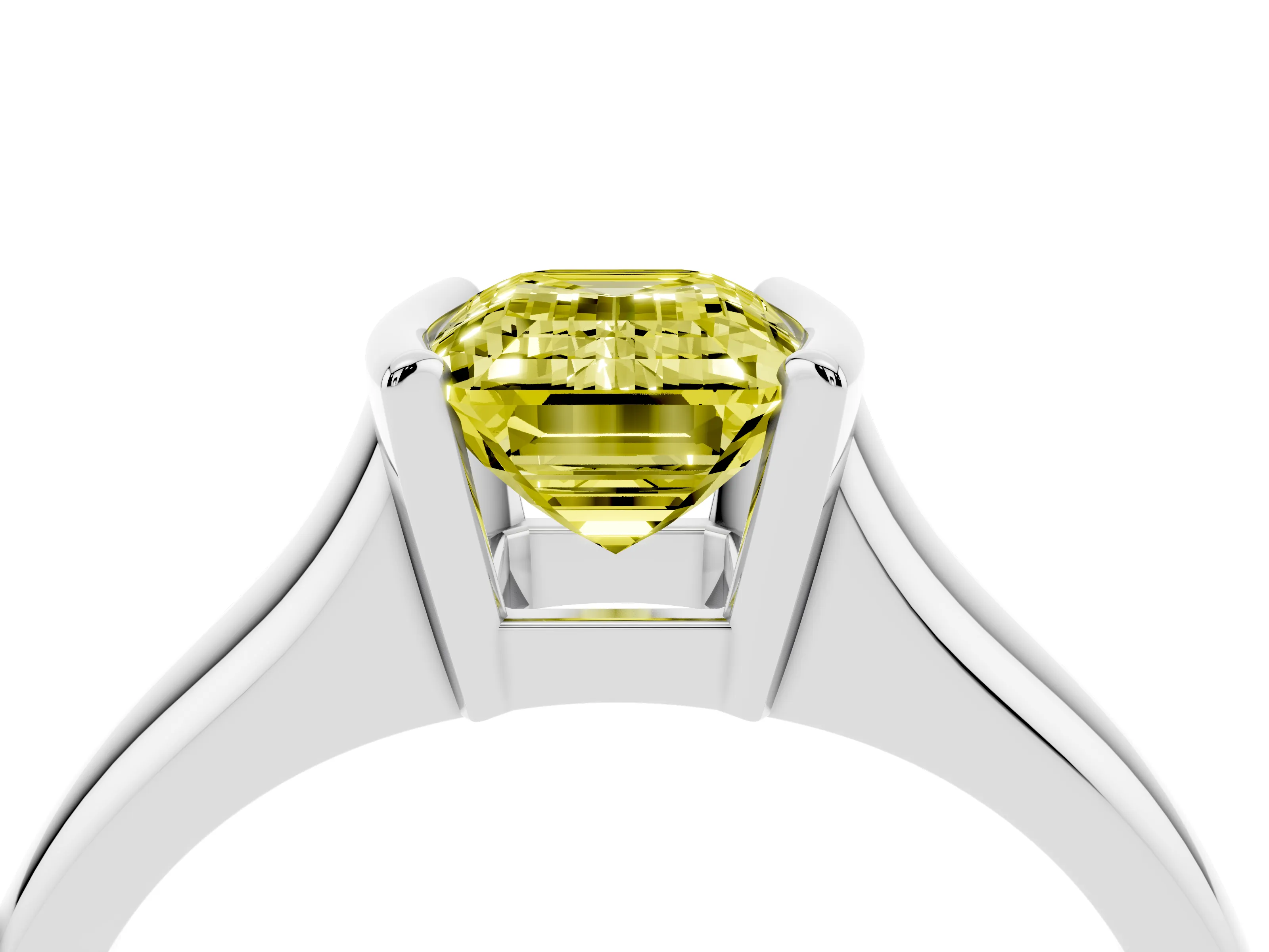 Fancy Yellow Emerald Cut Diamond Solitaire Tension Set Ring Set in White gold with Split Shank Band
