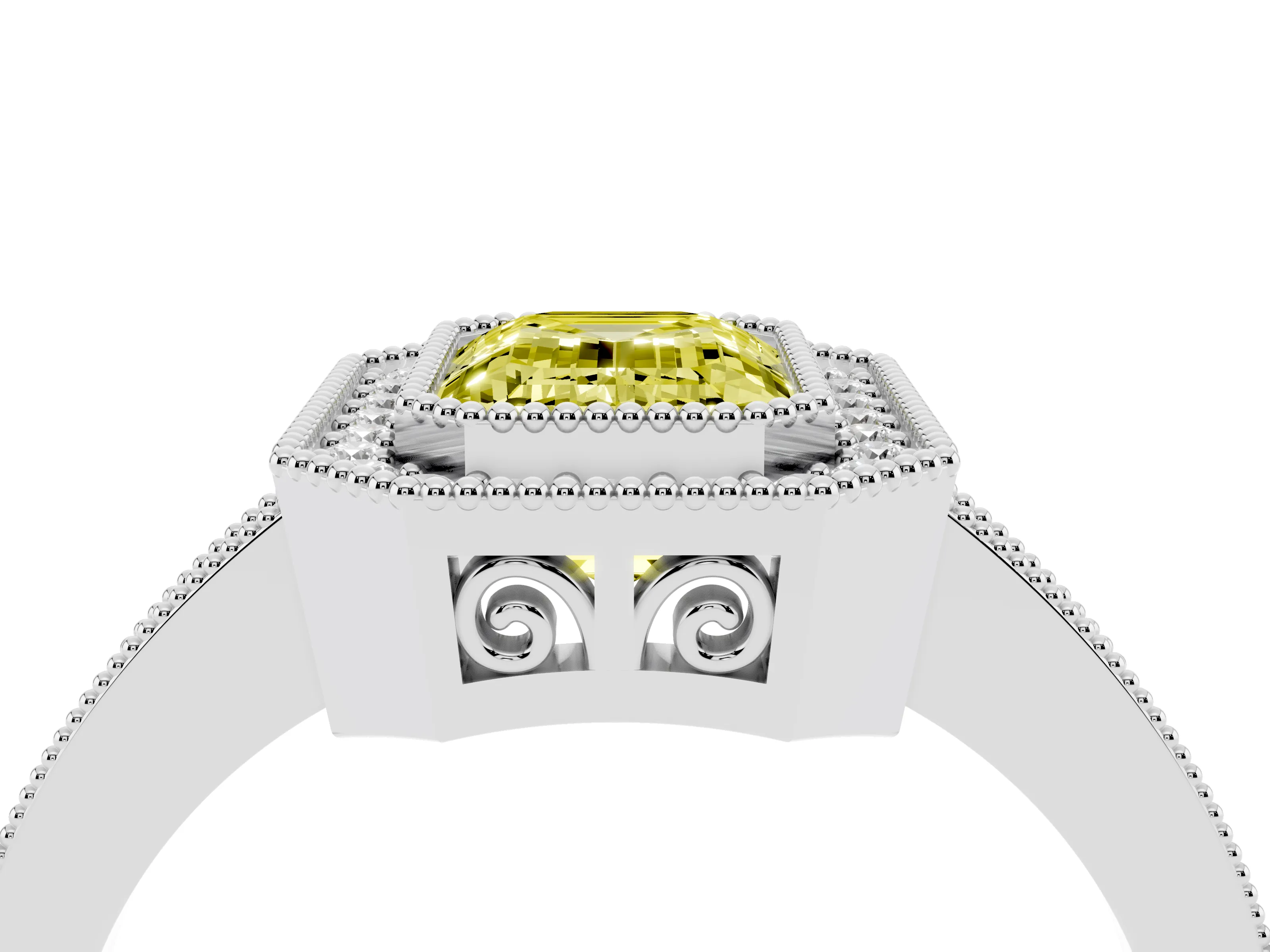 Fancy Yellow Emerald Cut Diamond Round Halo Ring Set in White gold with Pavé Band