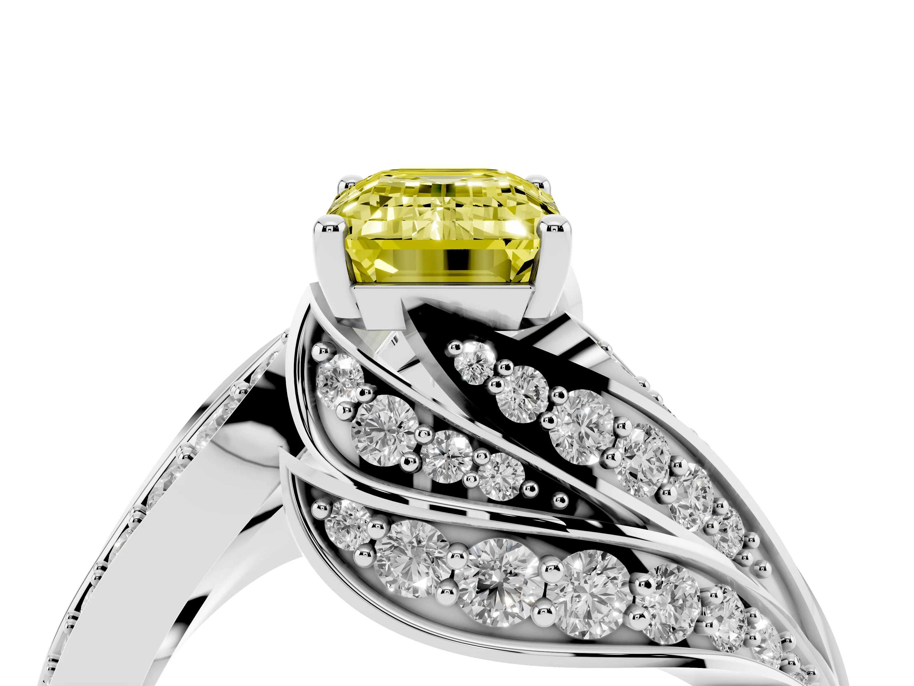Fancy Yellow Emerald Cut Diamond Solitaire Ring Set in Silver with Layered Twist Pavé Band