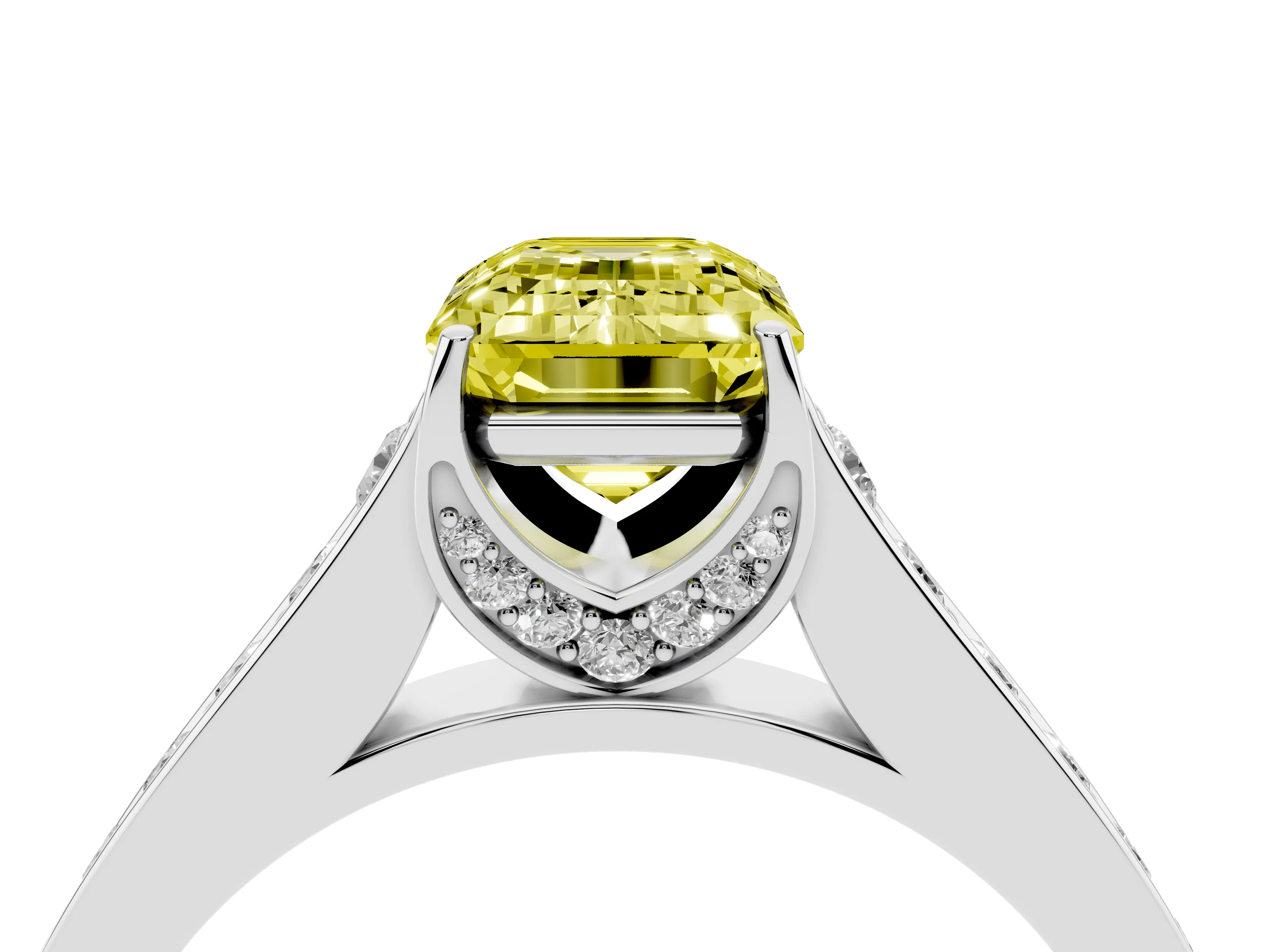 Fancy Yellow Emerald Cut Diamond Solitaire Pavé Engagement Ring Set in Silver with Prong Setting
