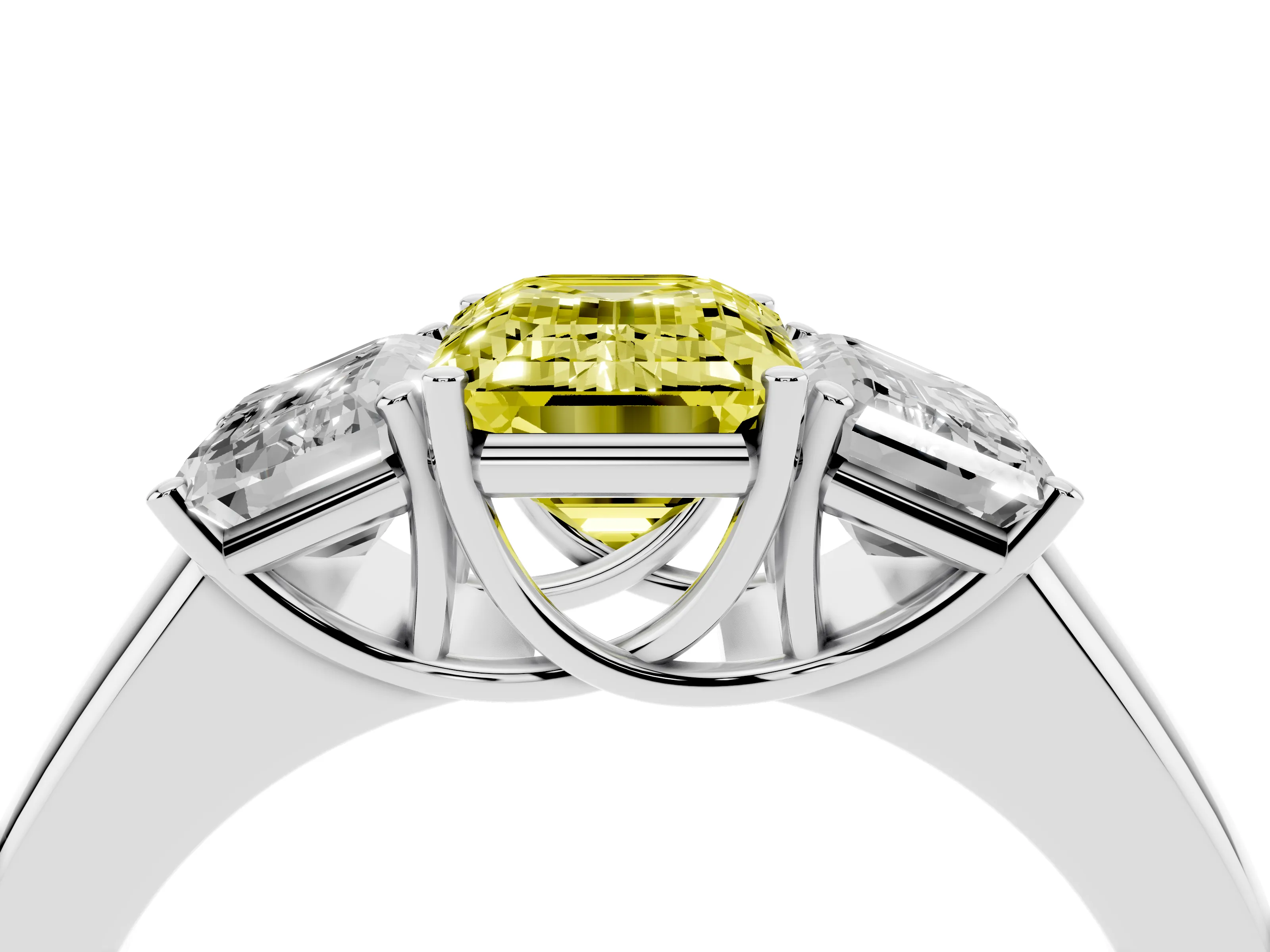 Fancy Yellow Three-Stone Emerald Cut Diamond Ring Set in White gold with Matching Prong Settings and Plain Band