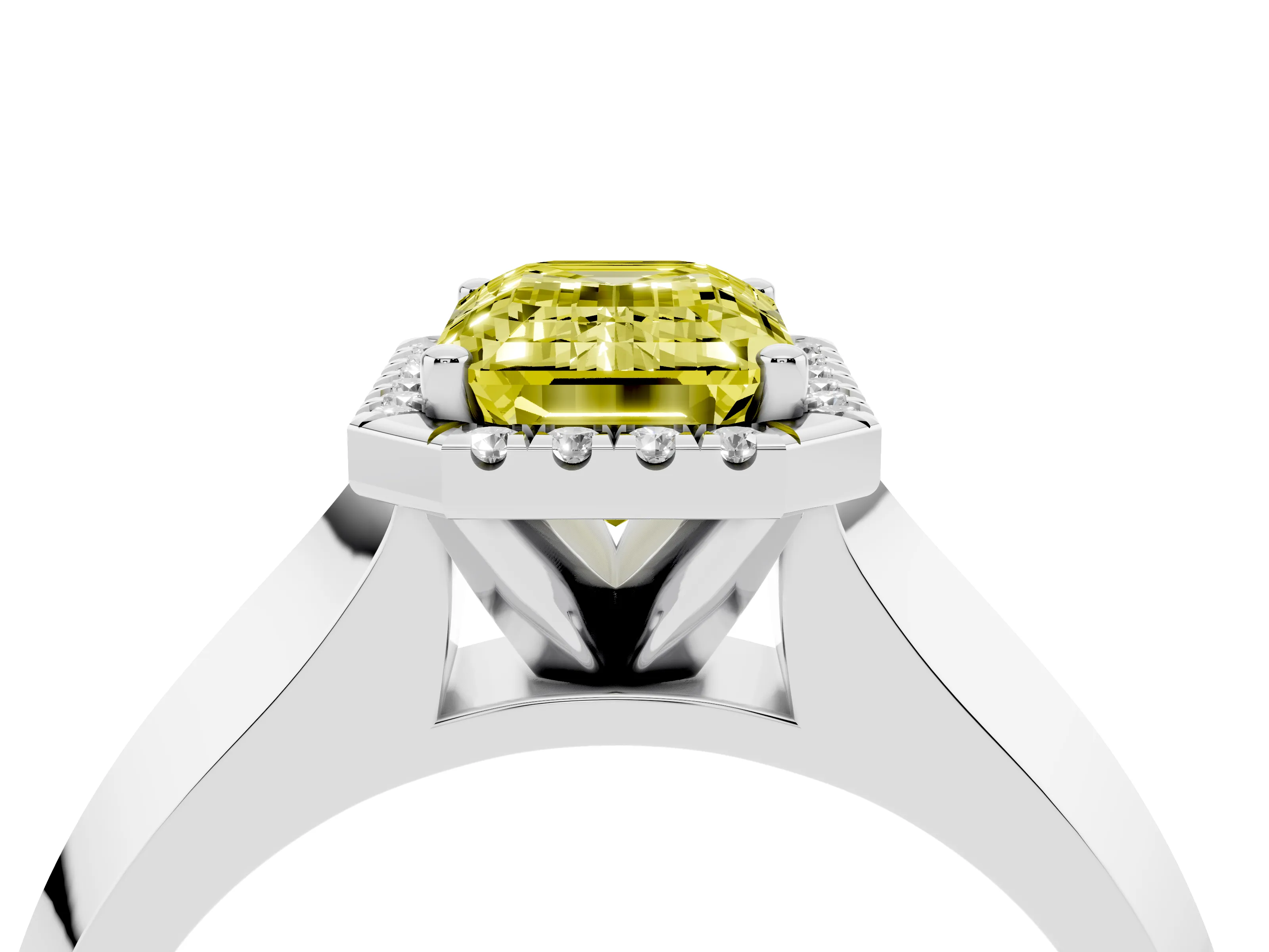Fancy Yellow Emerald Cut Diamond Halo Ring Set in White gold with Cathedral Band and Prong Setting