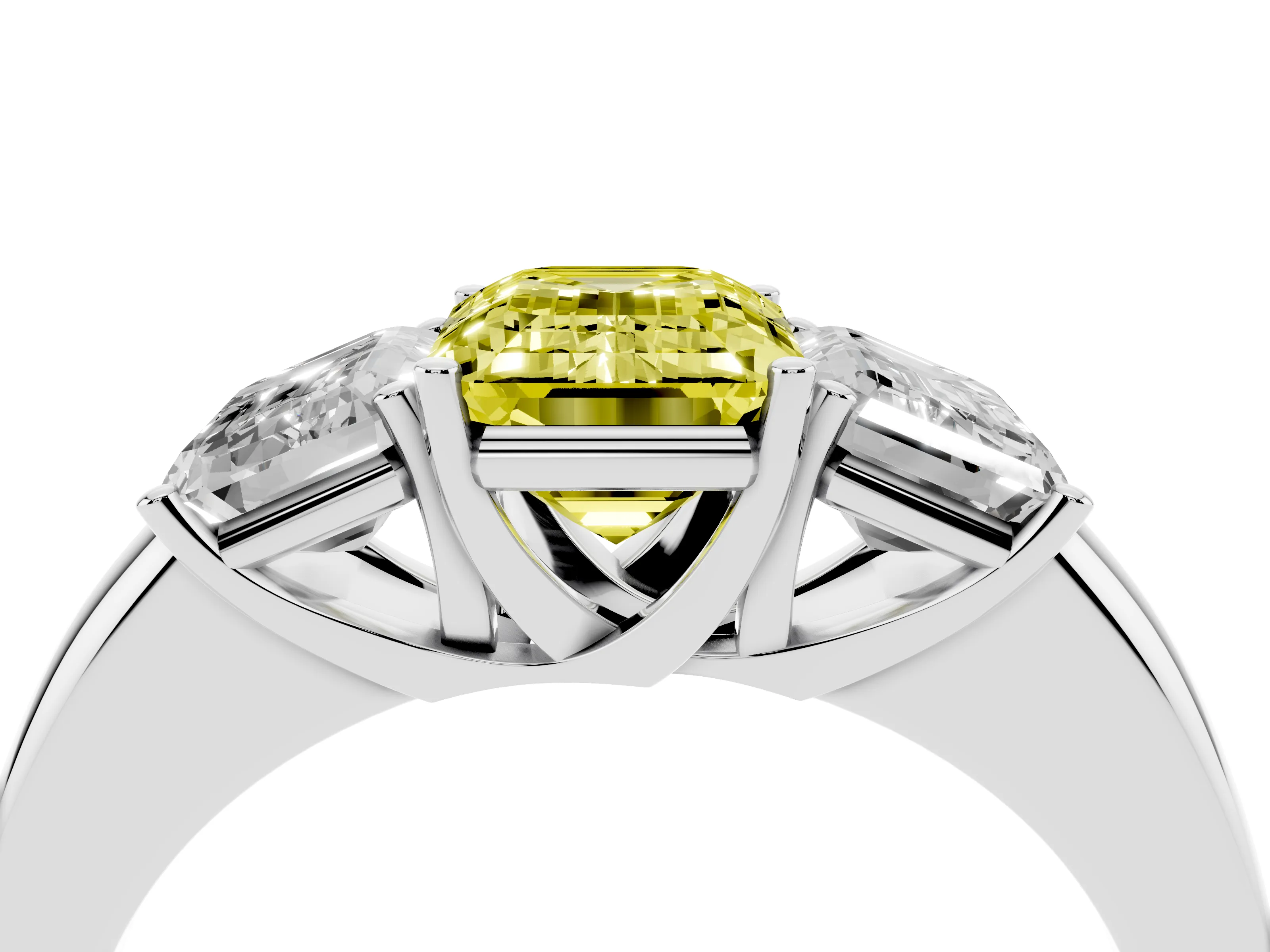 Fancy Yellow Emerald Cut Diamond Three-Stone Ring Set in Silver with Bold Center and Classic Band