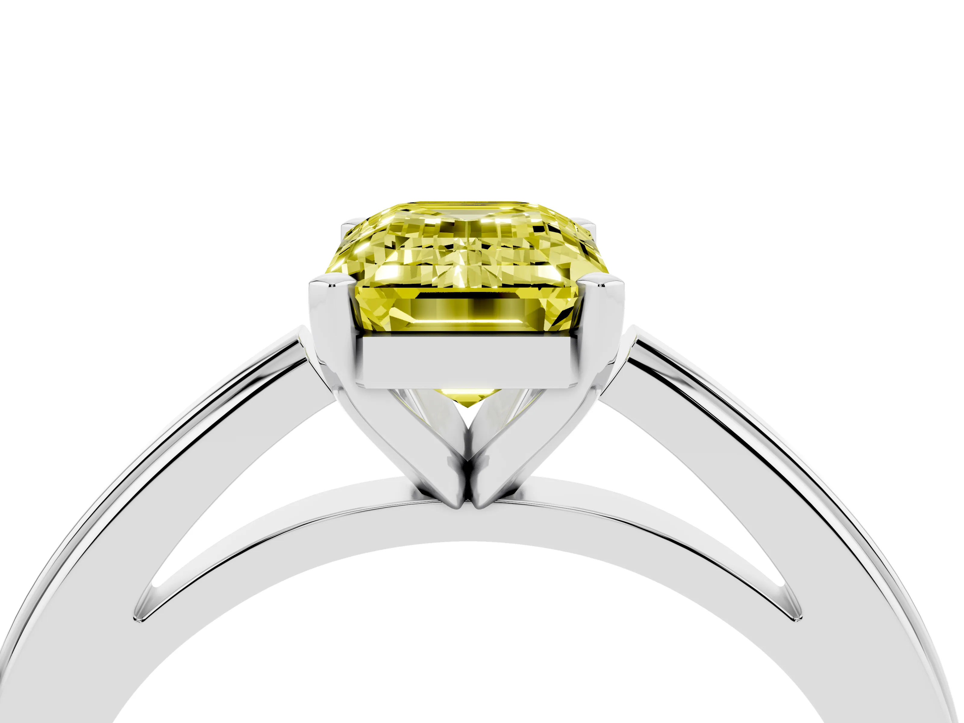 Fancy Yellow Emerald Cut Diamond Solitaire Ring Set in Platinum with Prong Setting and Classic Band