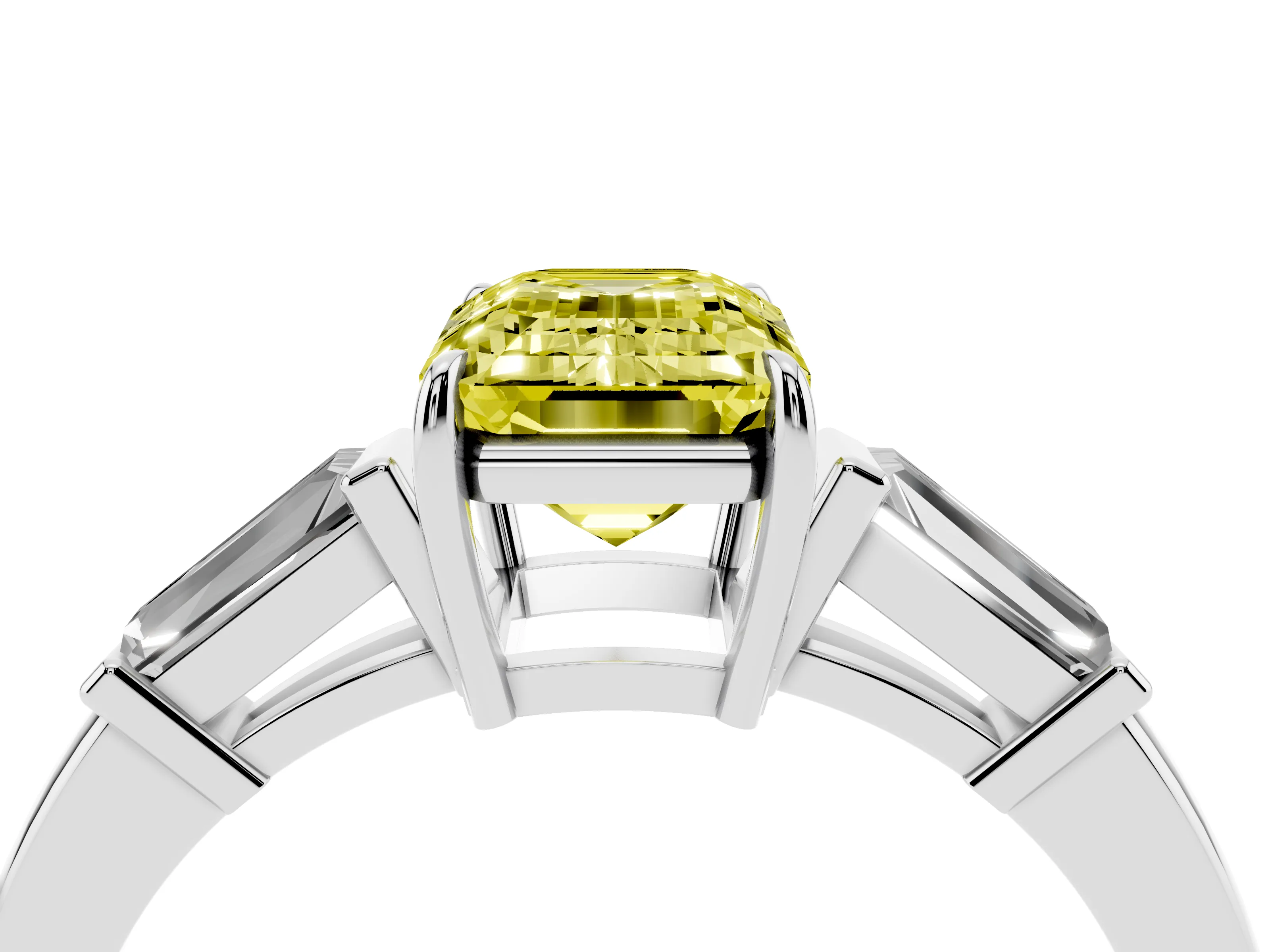 Fancy Yellow Emerald Cut Diamond Three-Stone Ring Set in Platinum with Tapered Baguette Side Stones and Prong Setting