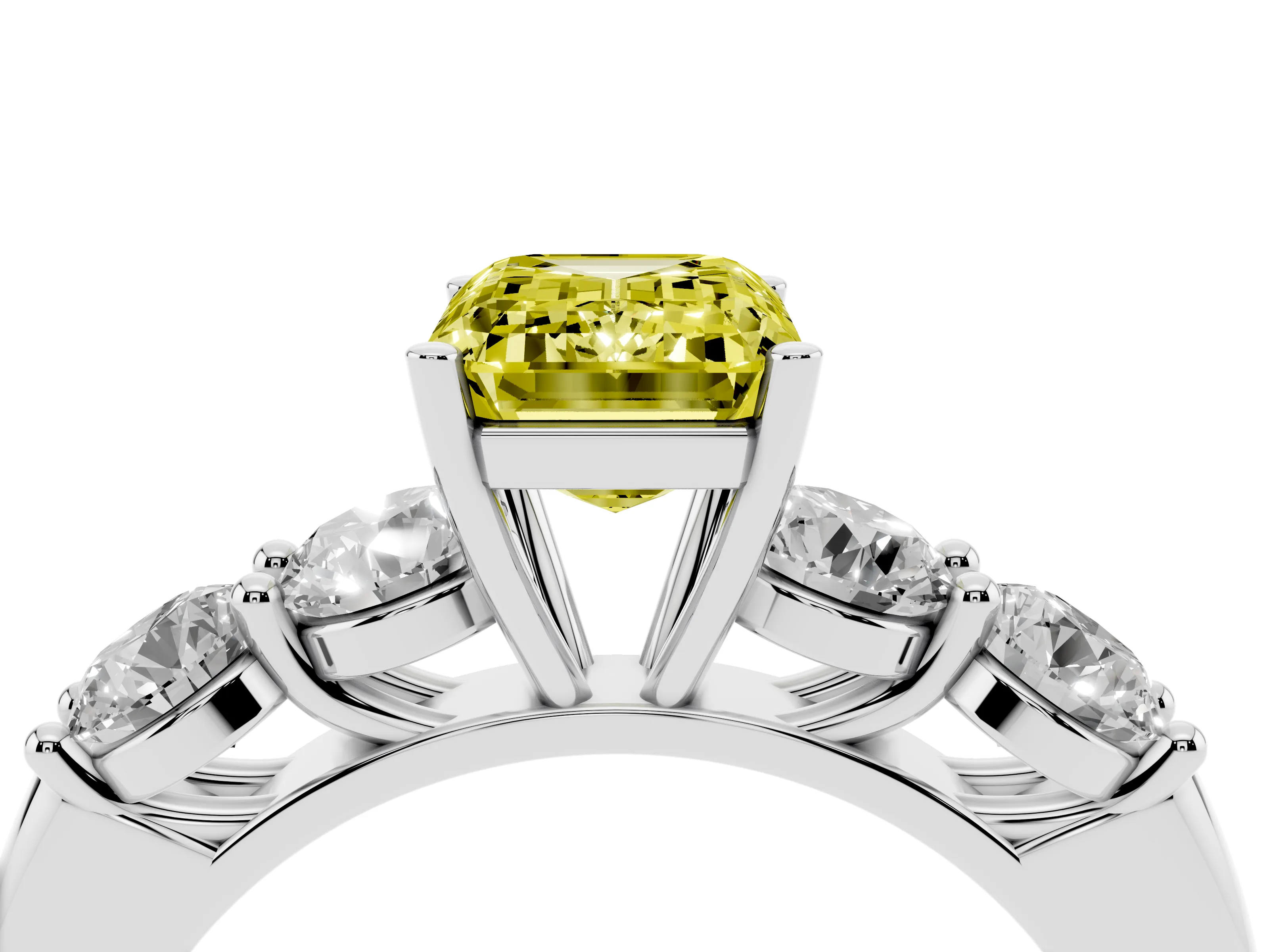 Fancy Yellow Emerald Cut Diamond Five-Stone Prong Set Ring Set in Silver with Classic Band