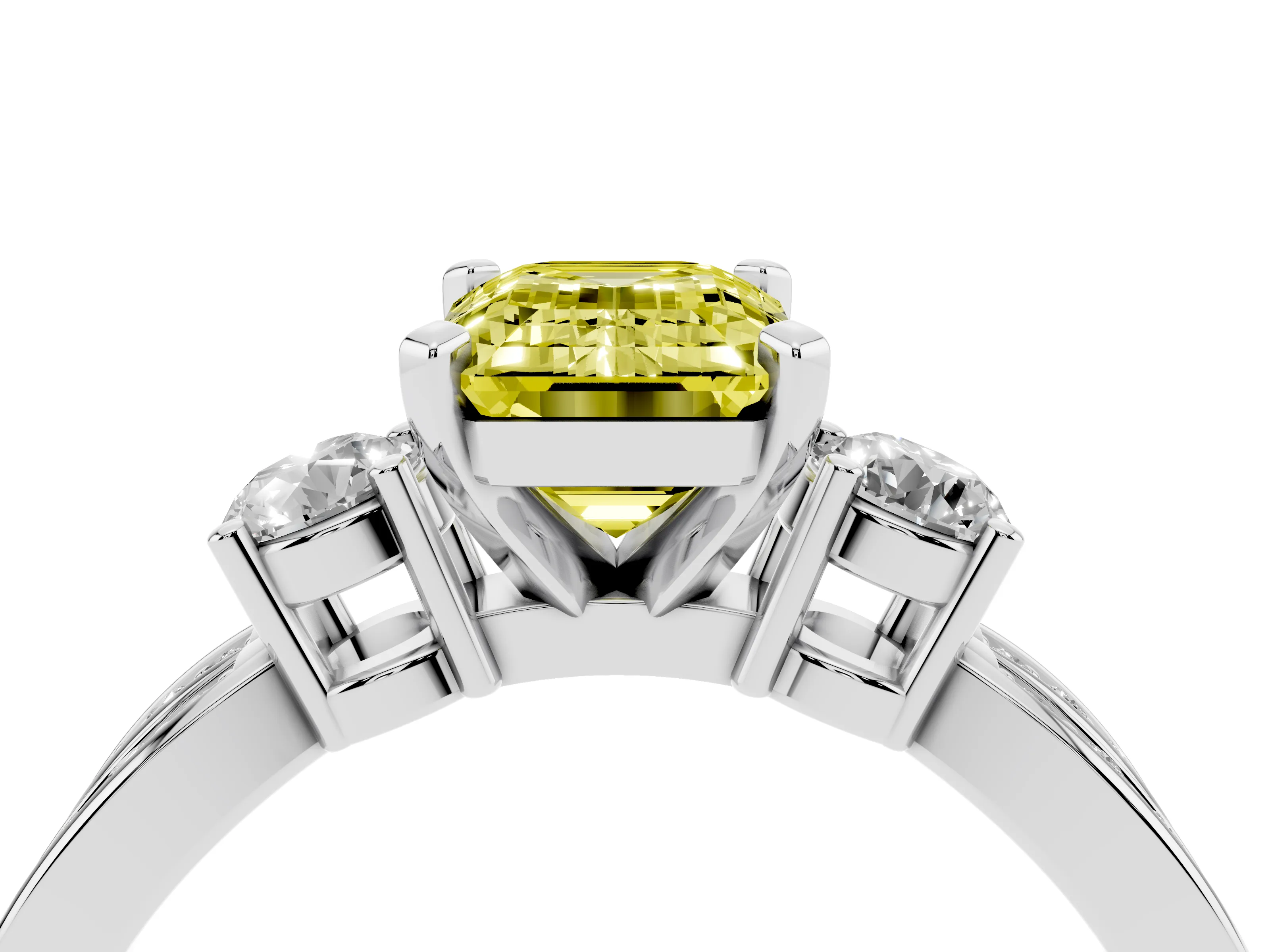 Fancy Yellow Three-Stone Emerald Cut Diamond Twist Band Ring Set in Platinum with Pavé Accents and Prong Setting