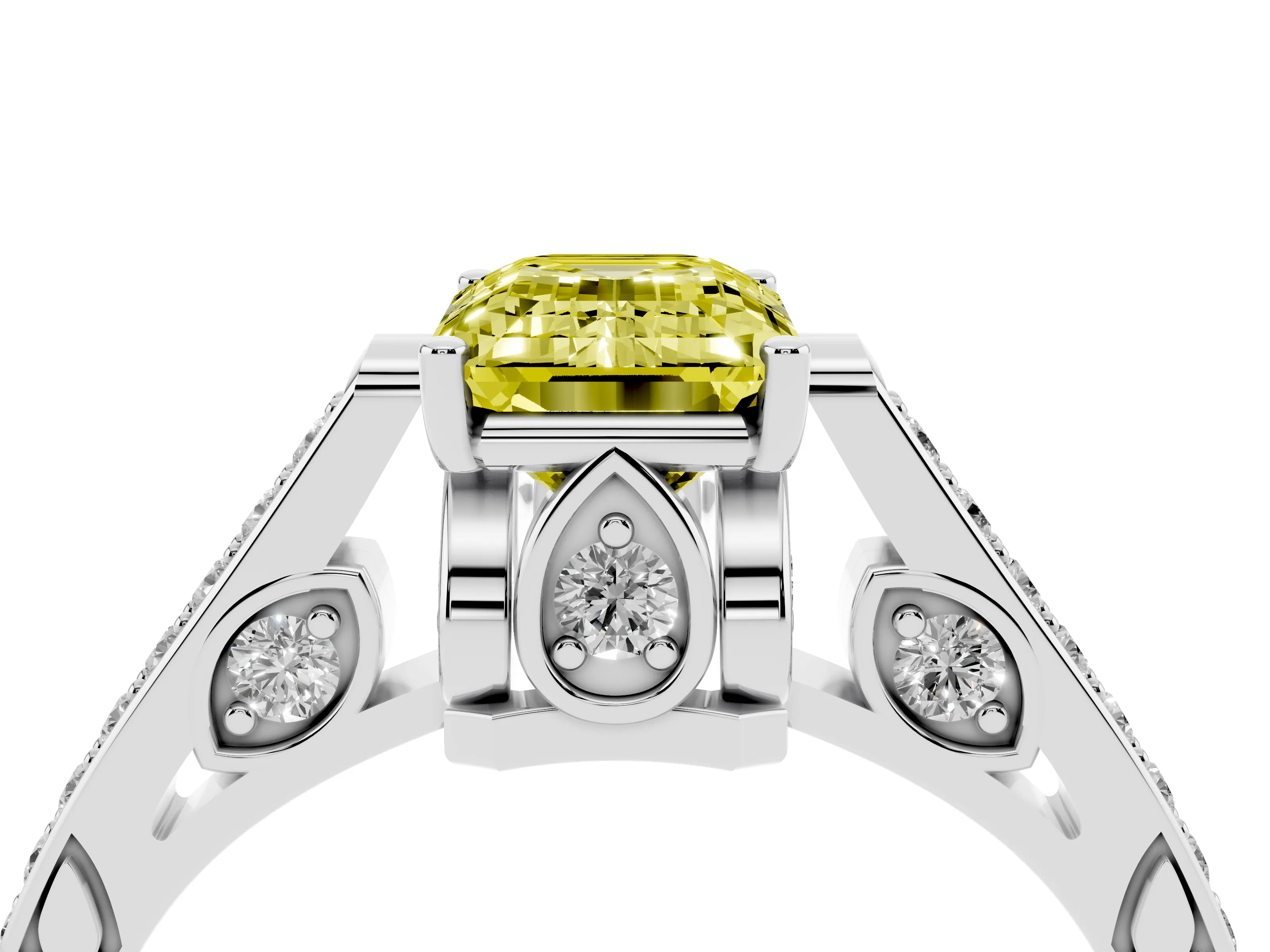 Fancy Yellow Emerald Cut Diamond Cathedral Pavé Engagement Ring Set in Silver with Prong Setting