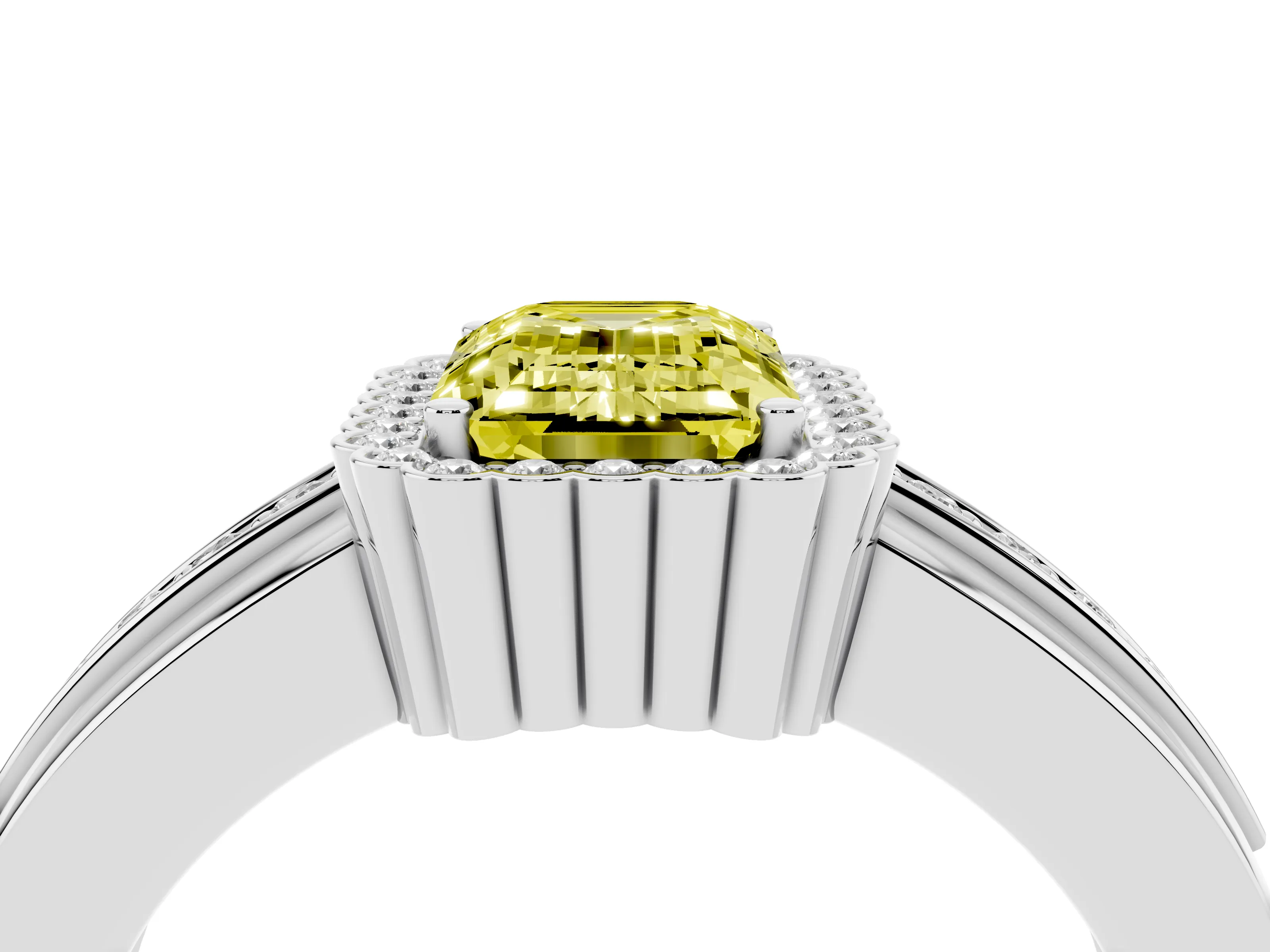 Fancy Yellow Emerald Cut Diamond Halo Prong Ring Set in Silver with Pavé Band