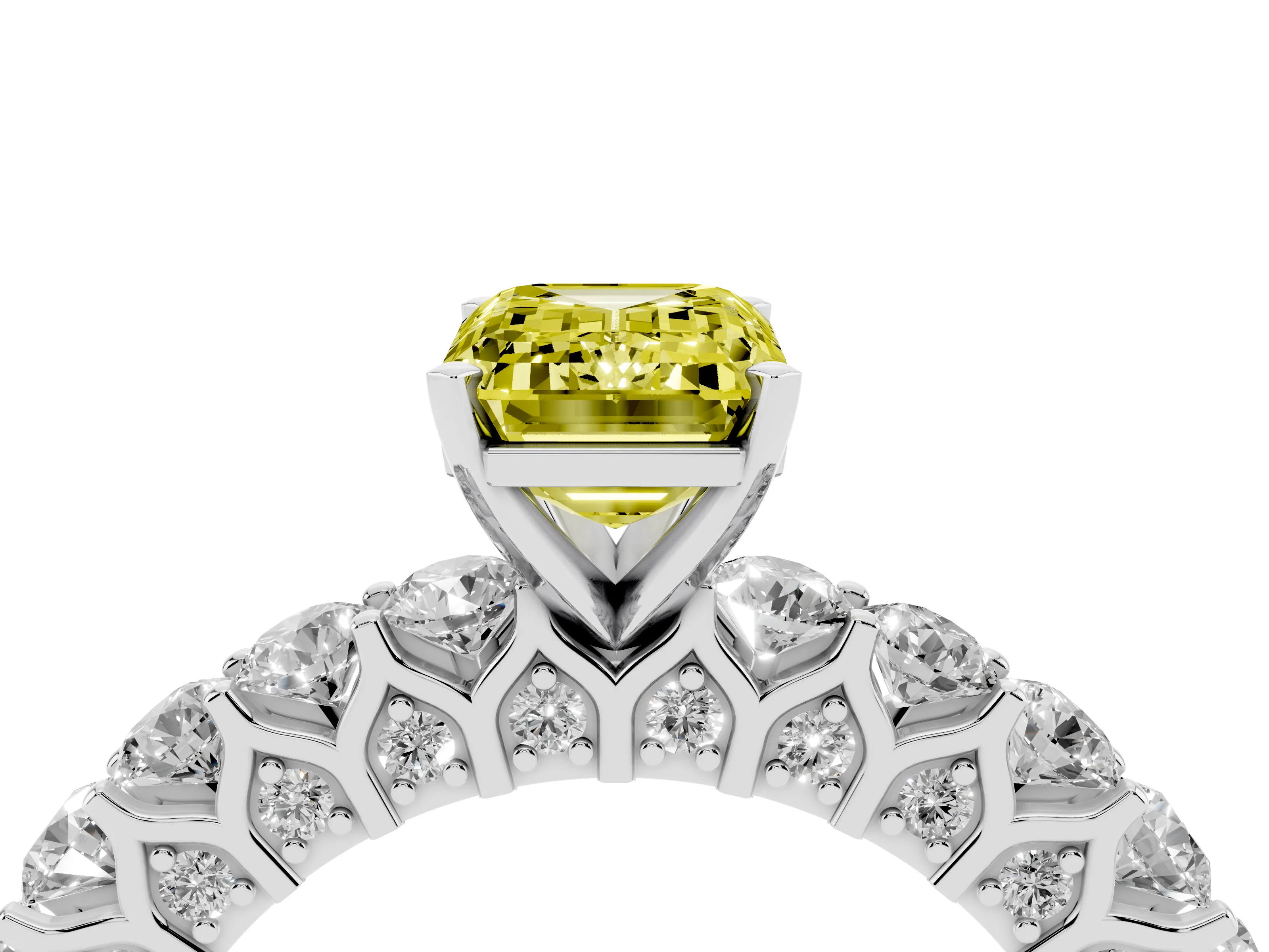 Fancy Yellow Emerald Cut Diamond Solitaire Ring Set in Silver with Shared Prong Pavé Band