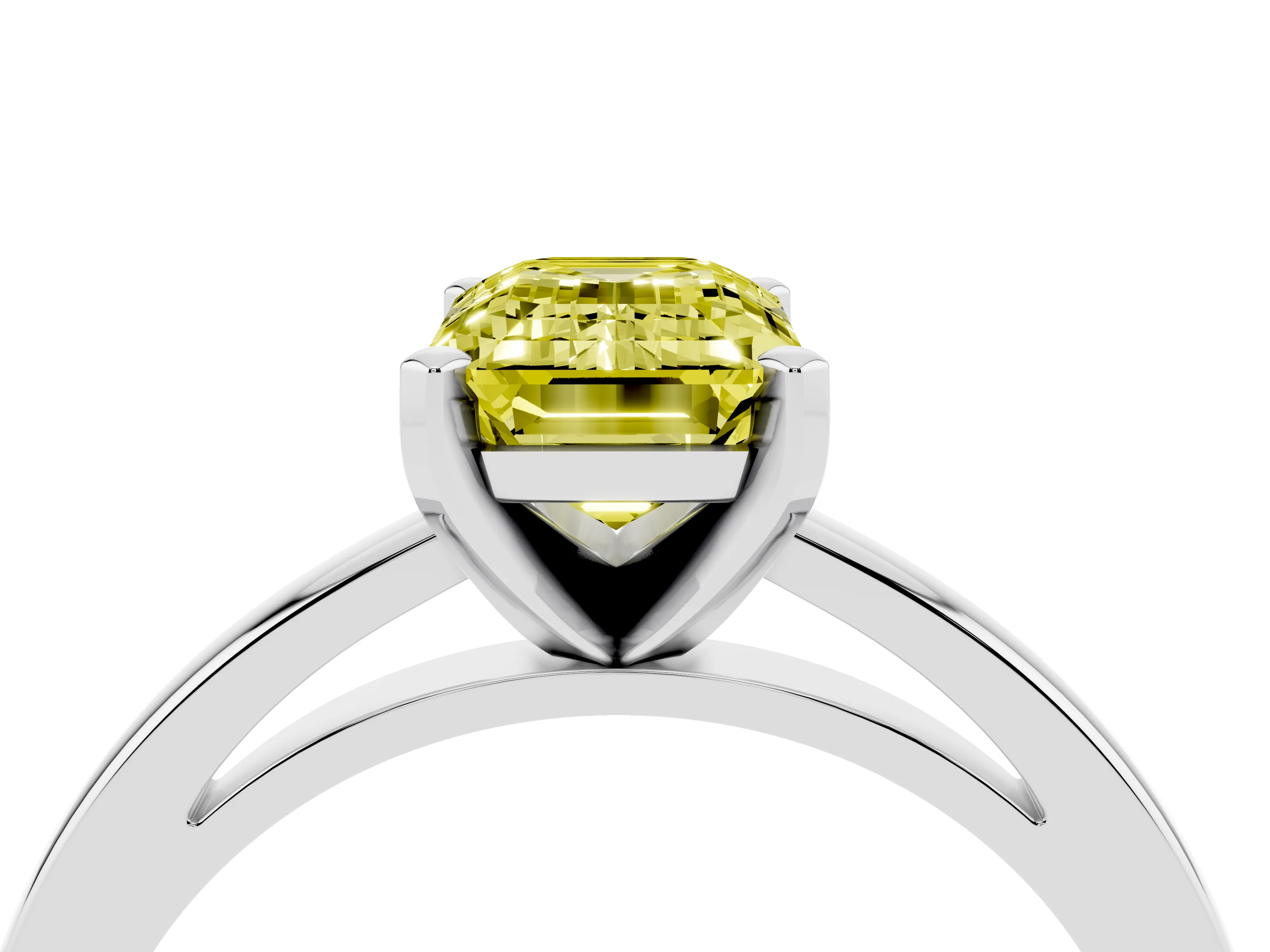 Fancy Yellow Emerald Cut Diamond Solitaire Engagement Ring Set in Platinum with Prong Setting on a Classic Band