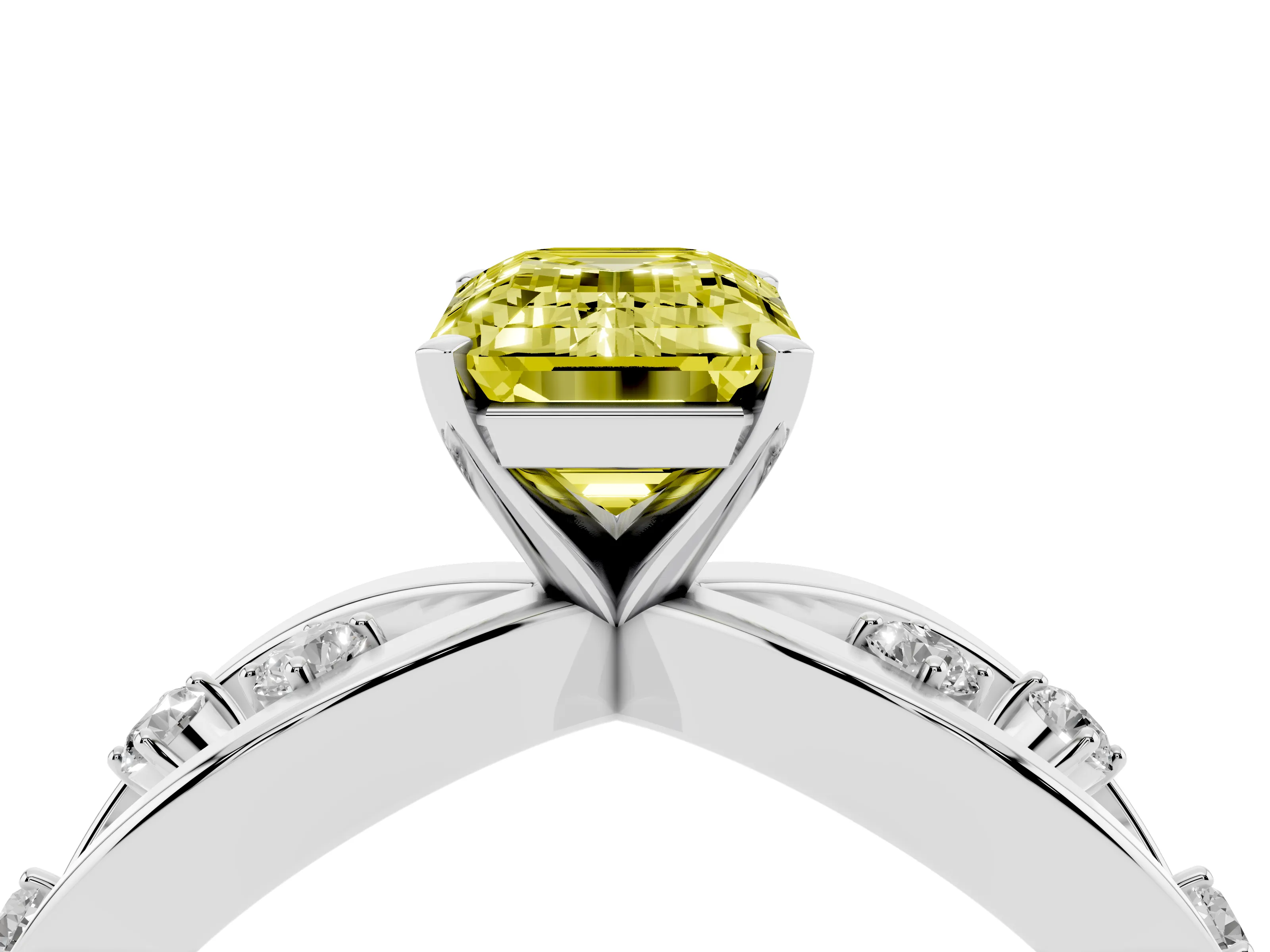 Fancy Yellow Emerald Cut Diamond Solitaire Ring Set in Platinum with Side Stones on Criss-Cross Band and Prong Setting