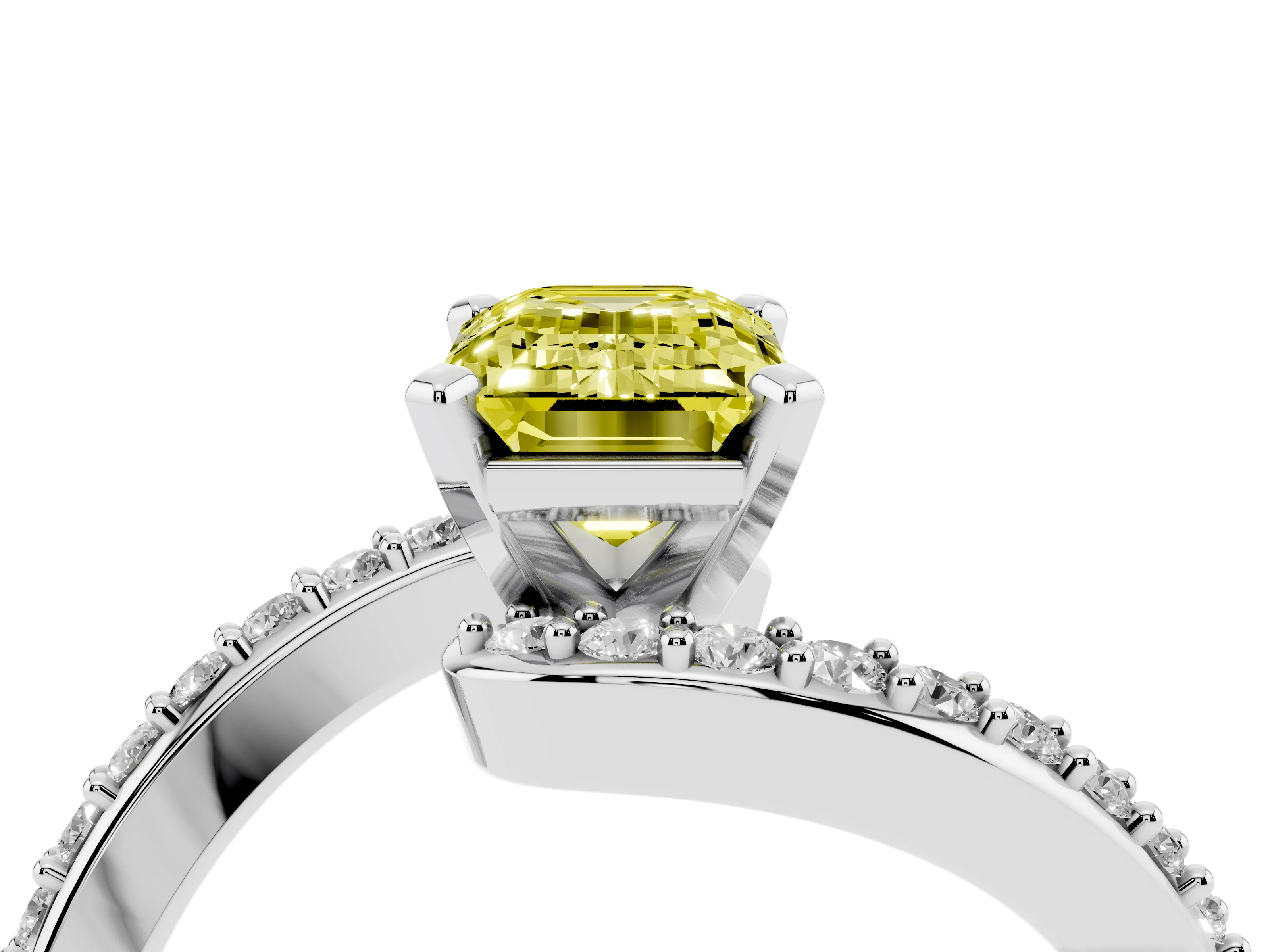 Fancy Yellow Emerald Cut Diamond Solitaire Ring Set in Platinum with Pavé Twist Band and Prong Setting