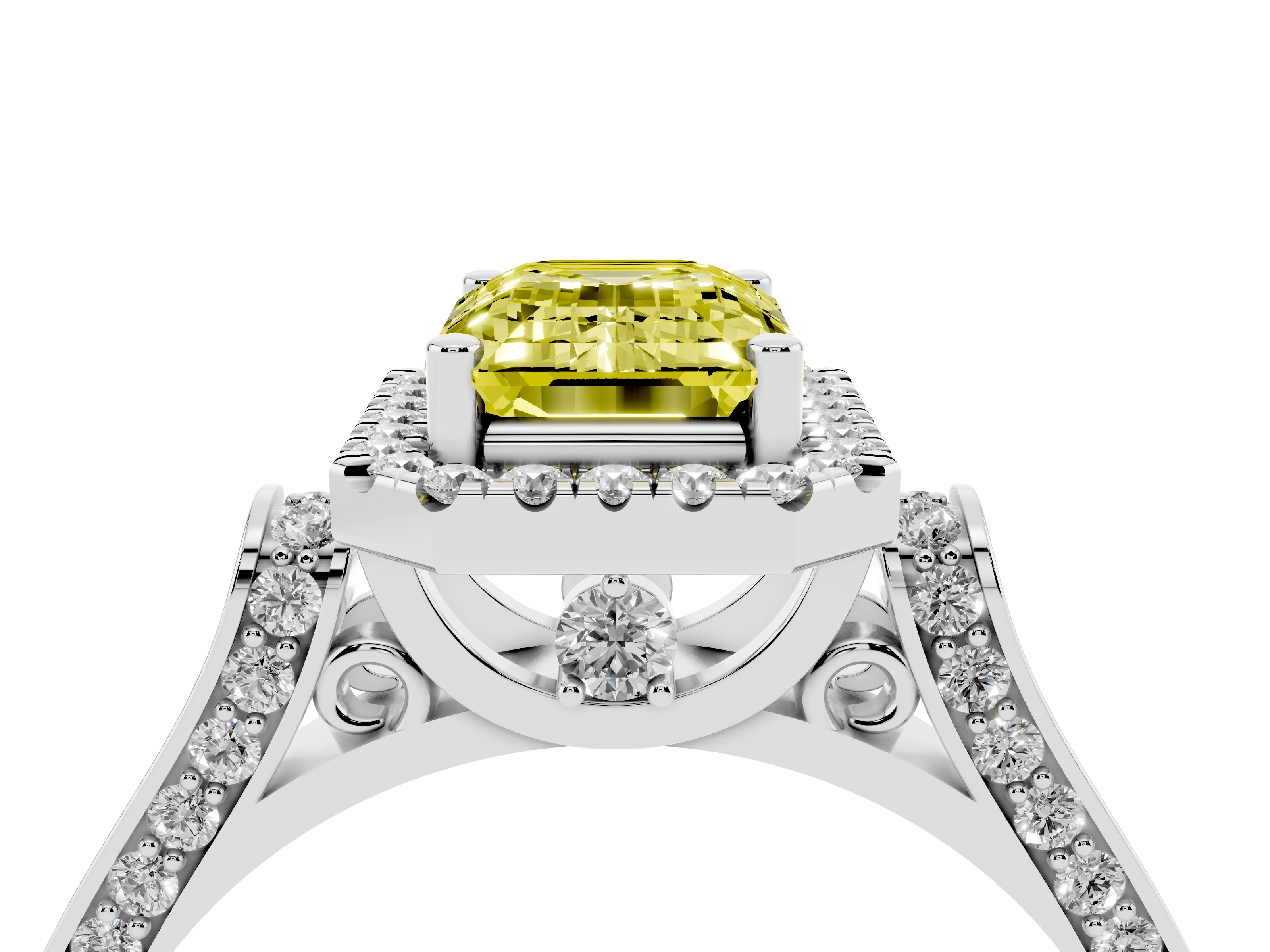 Fancy Yellow Emerald Cut Diamond Halo Ring Set in Silver with Pavé-Lined Split Shank Band