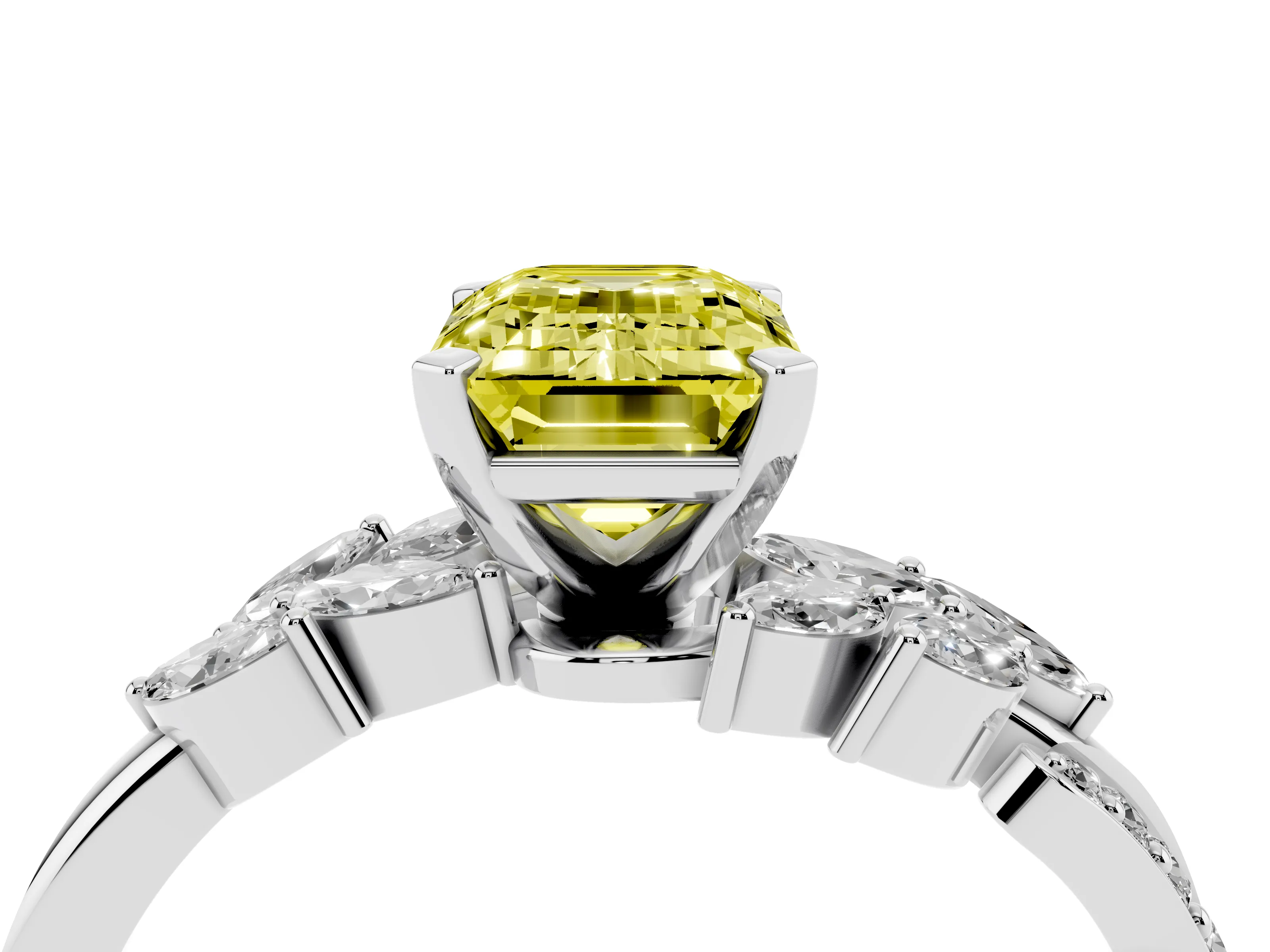 Fancy Yellow Emerald Cut Diamond Solitaire Ring Set in Platinum with Marquise Twist Band and Prong Setting