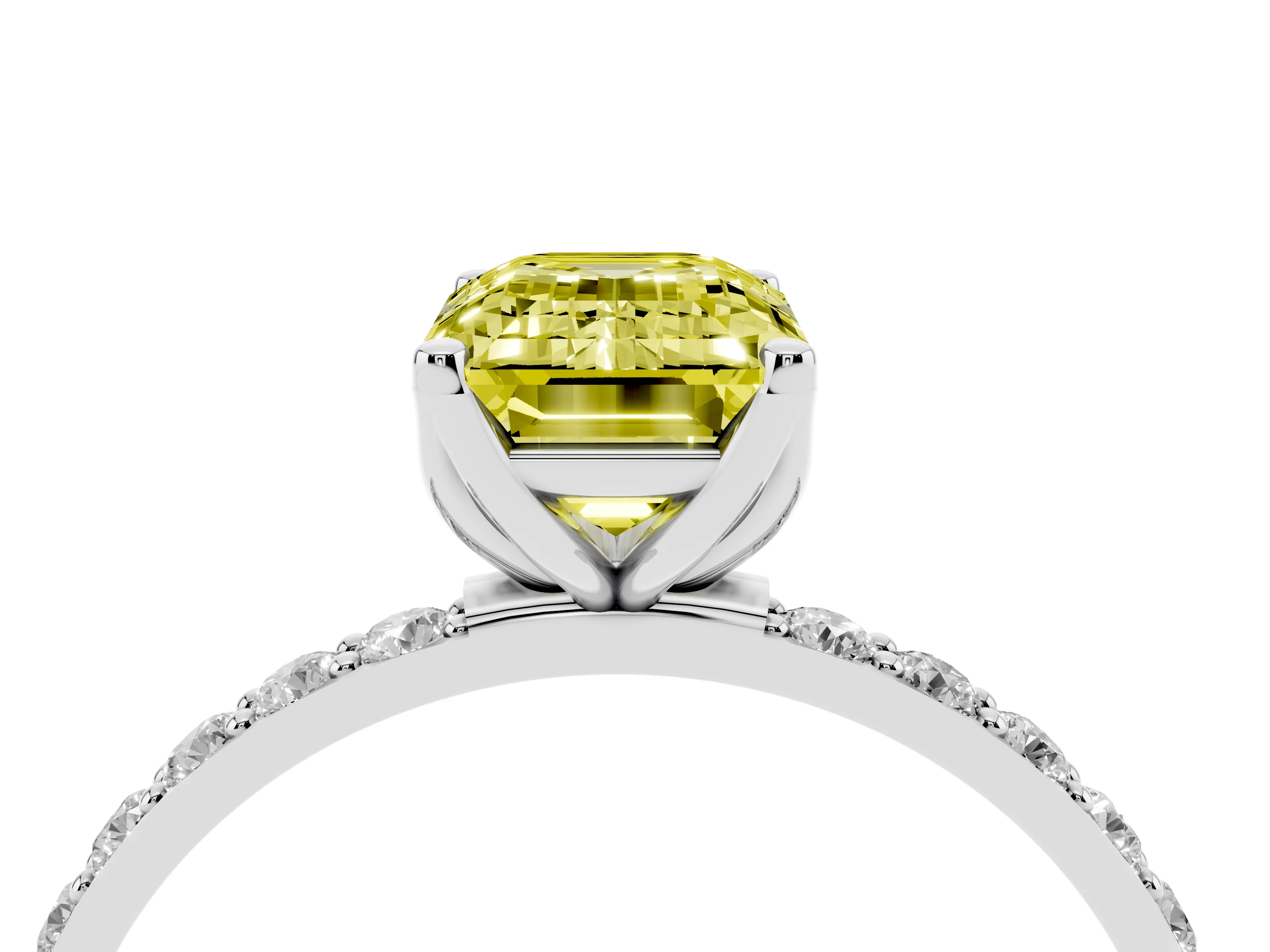 Fancy Yellow Emerald Cut Diamond Solitaire Engagement Ring Set in White gold with Round Pavé Band and Prong Setting