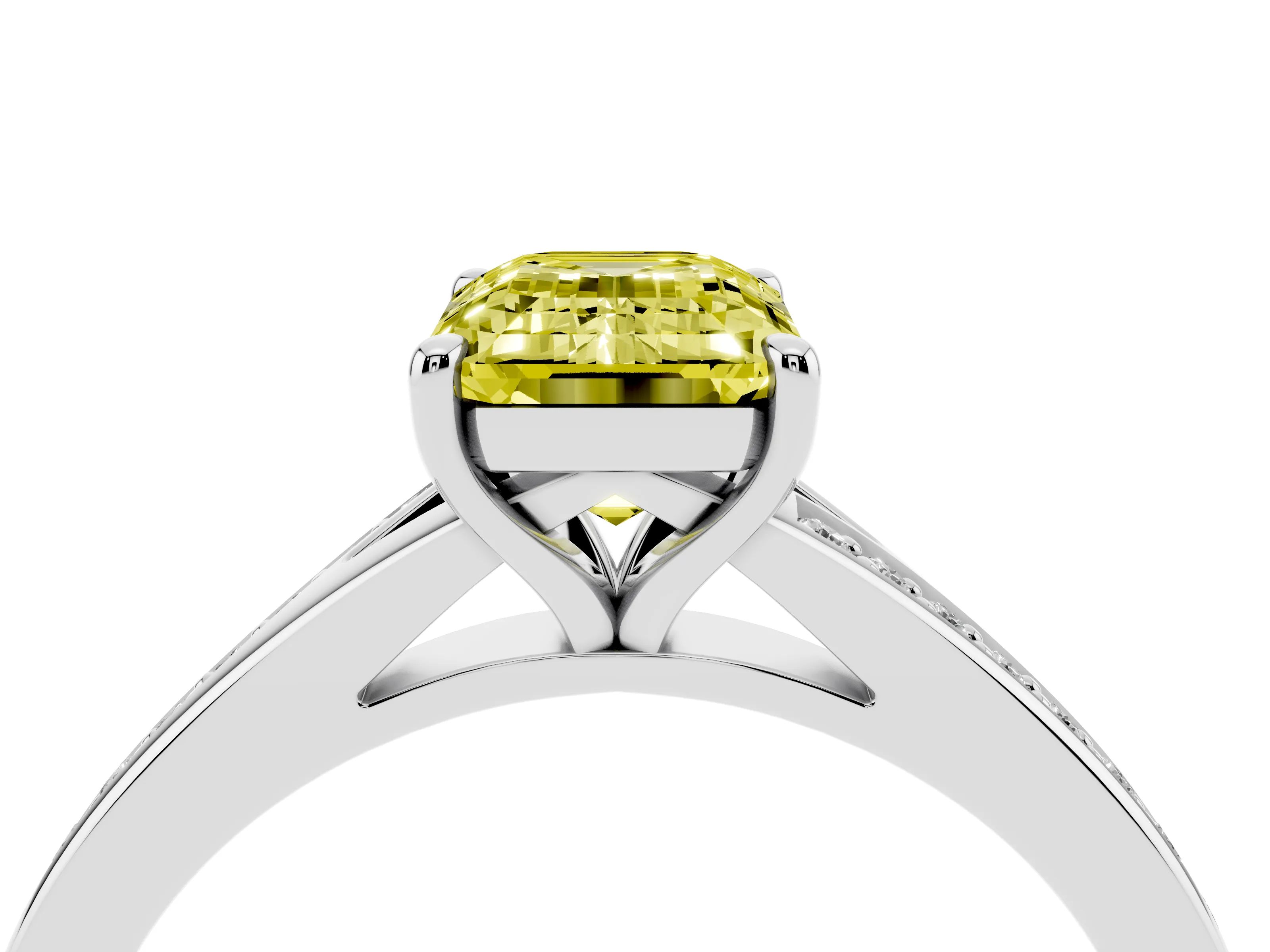 Fancy Yellow Emerald Cut Diamond Solitaire Ring Set in Silver with Pavé Accent Band and Classic Prong Setting