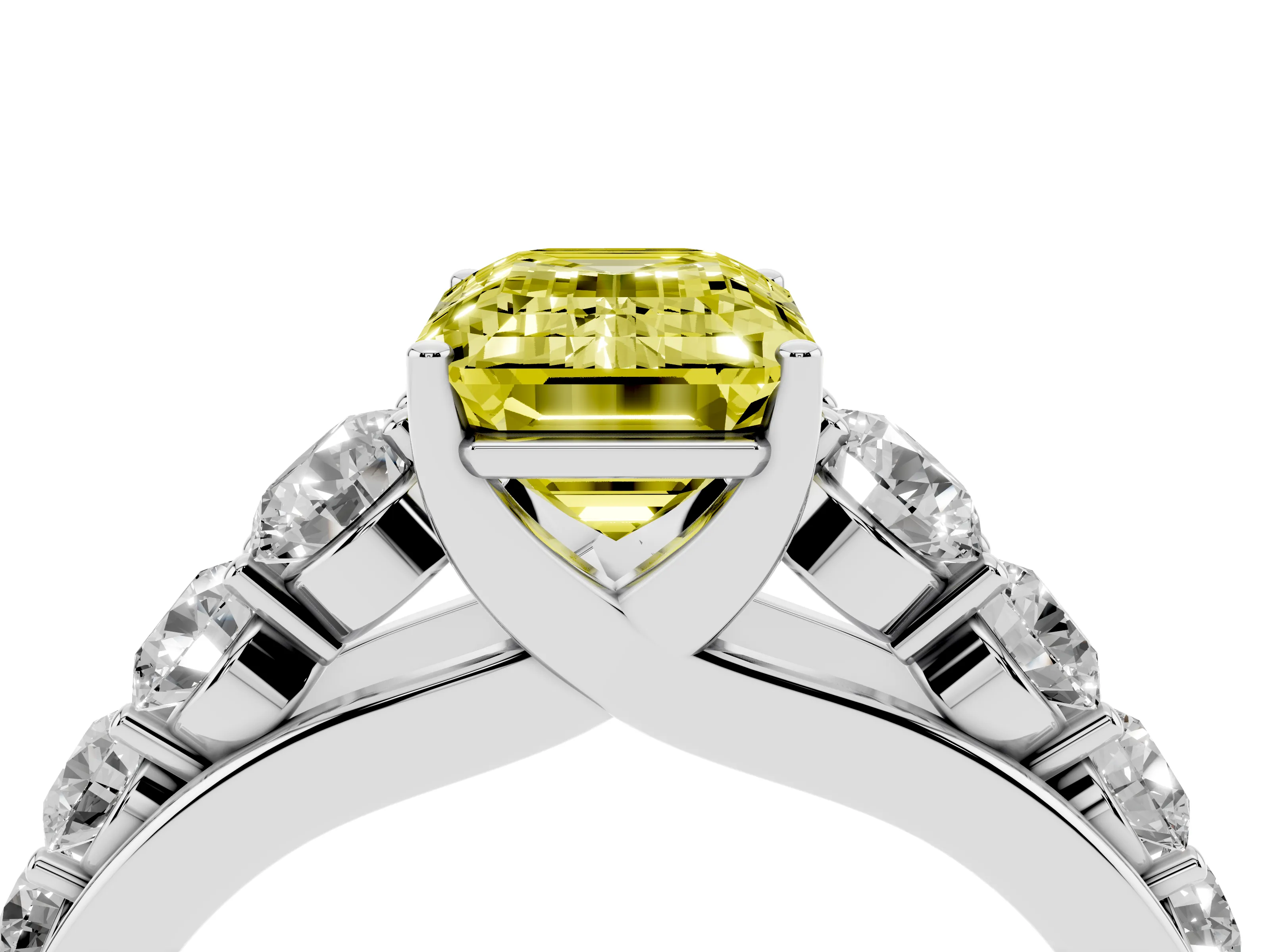Fancy Yellow Emerald Cut Diamond Solitaire Ring Set in Platinum with Pavé-Set Band and Prong Setting