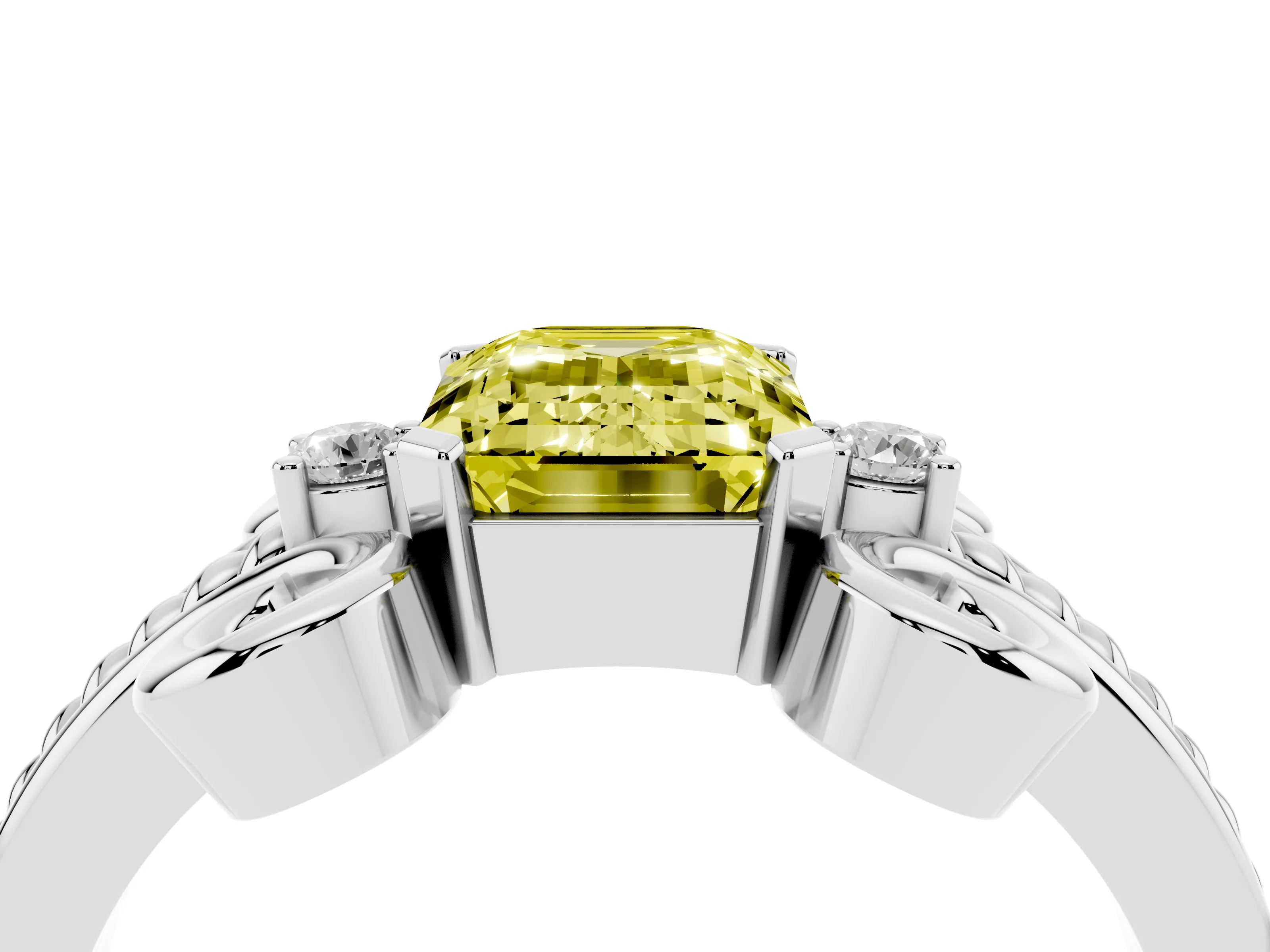 Fancy Yellow Emerald Cut Diamond Twisted Band Solitaire Ring Set in Platinum with Scroll Prongs