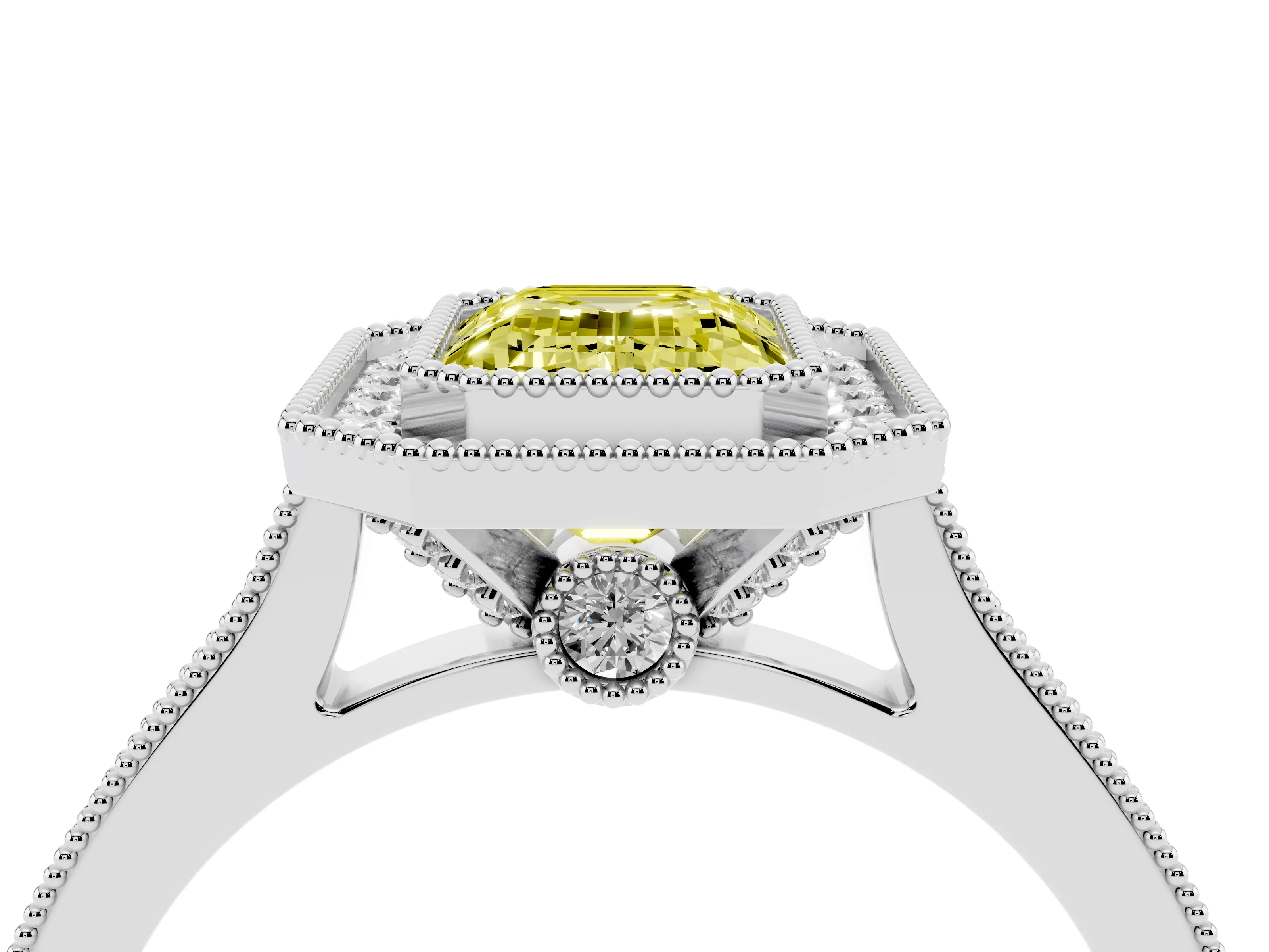 Fancy Yellow Emerald Cut Diamond Halo Milgrain Pavé Band Ring Set in Platinum with Prong Setting