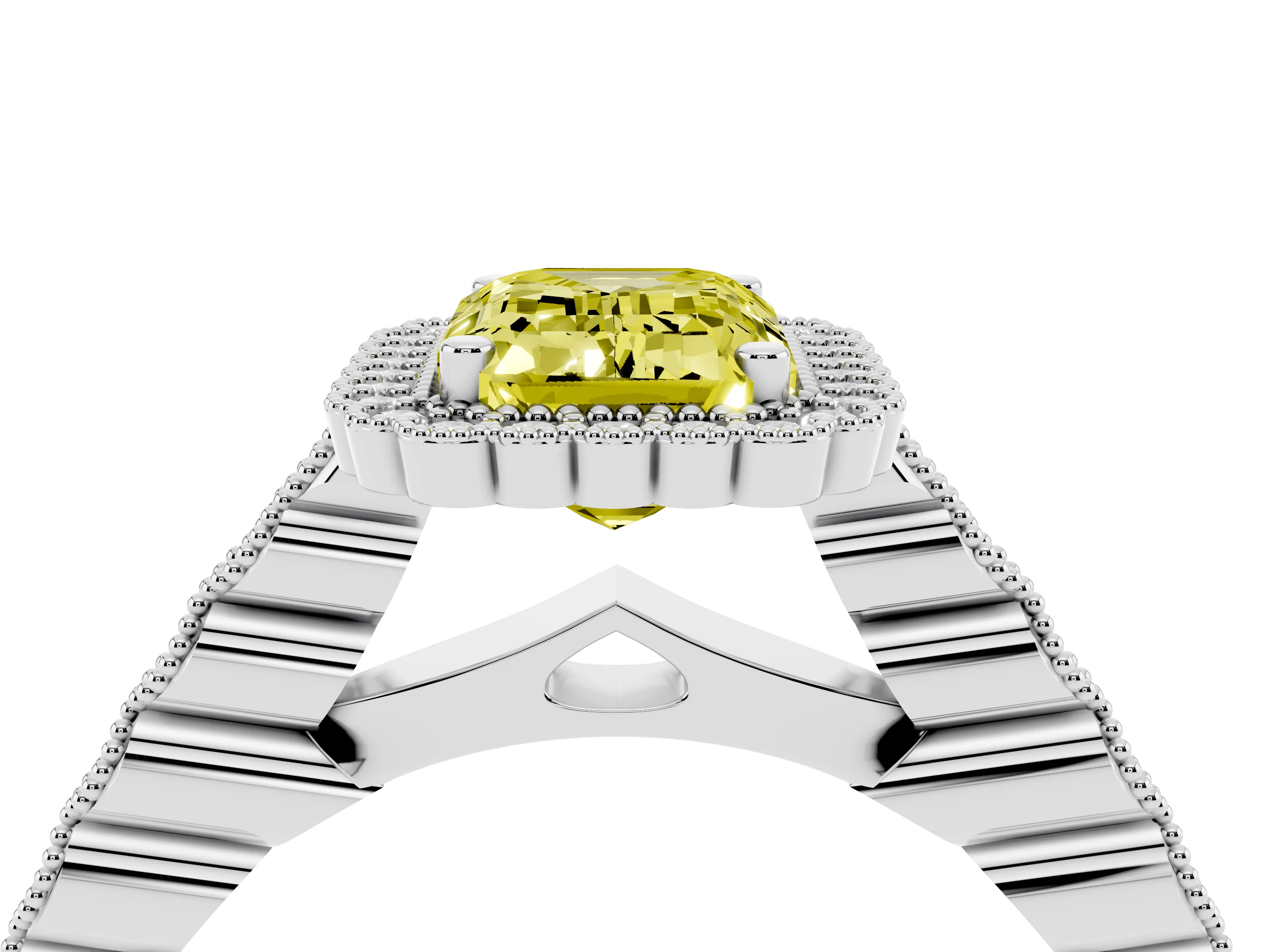 Fancy Yellow Emerald Cut Diamond Halo Ring Set in White gold with Pavé Milgrain Band