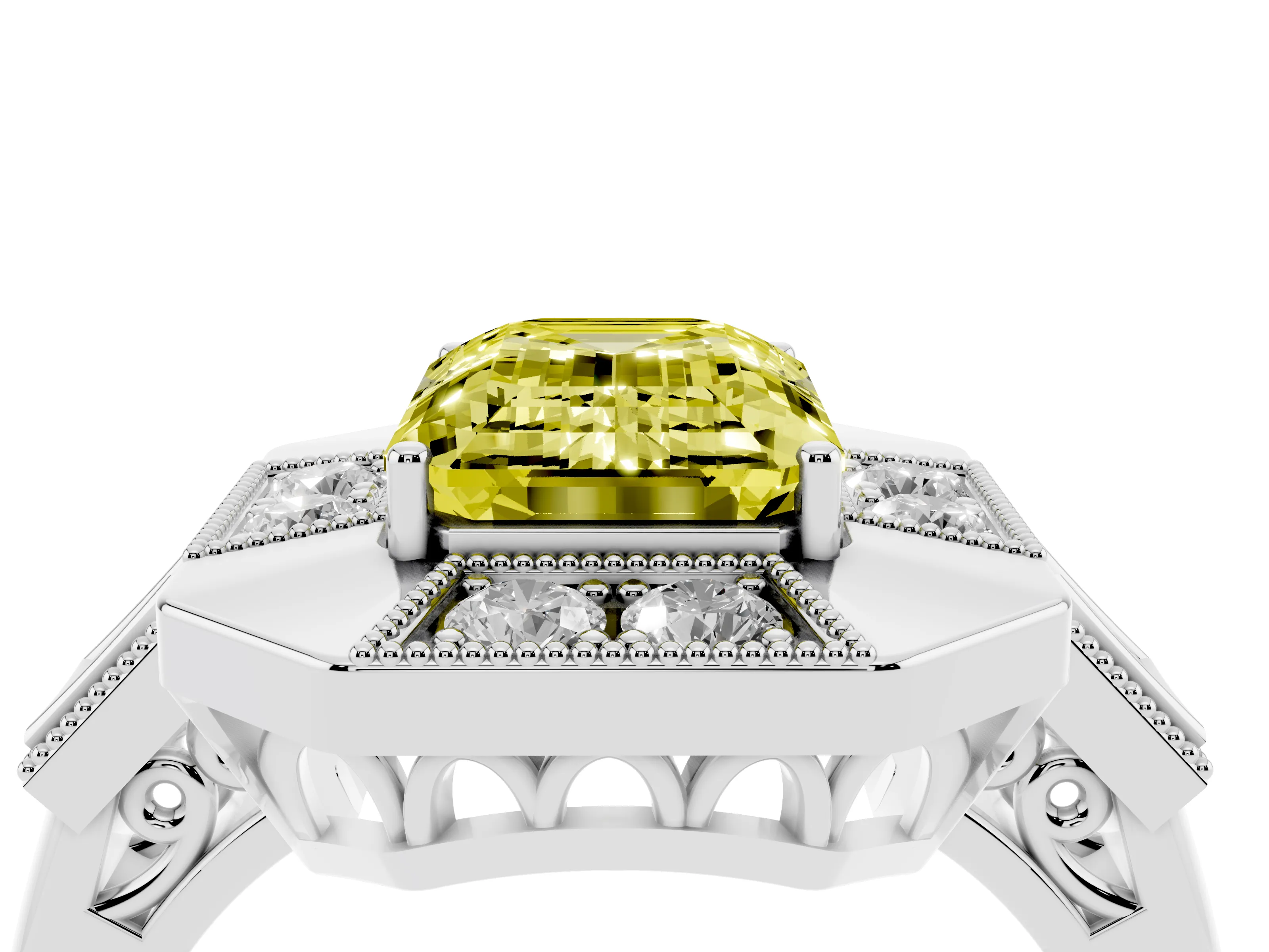 Fancy Yellow Emerald Cut Diamond Milgrain Halo Ring Set in Silver with Split Shank