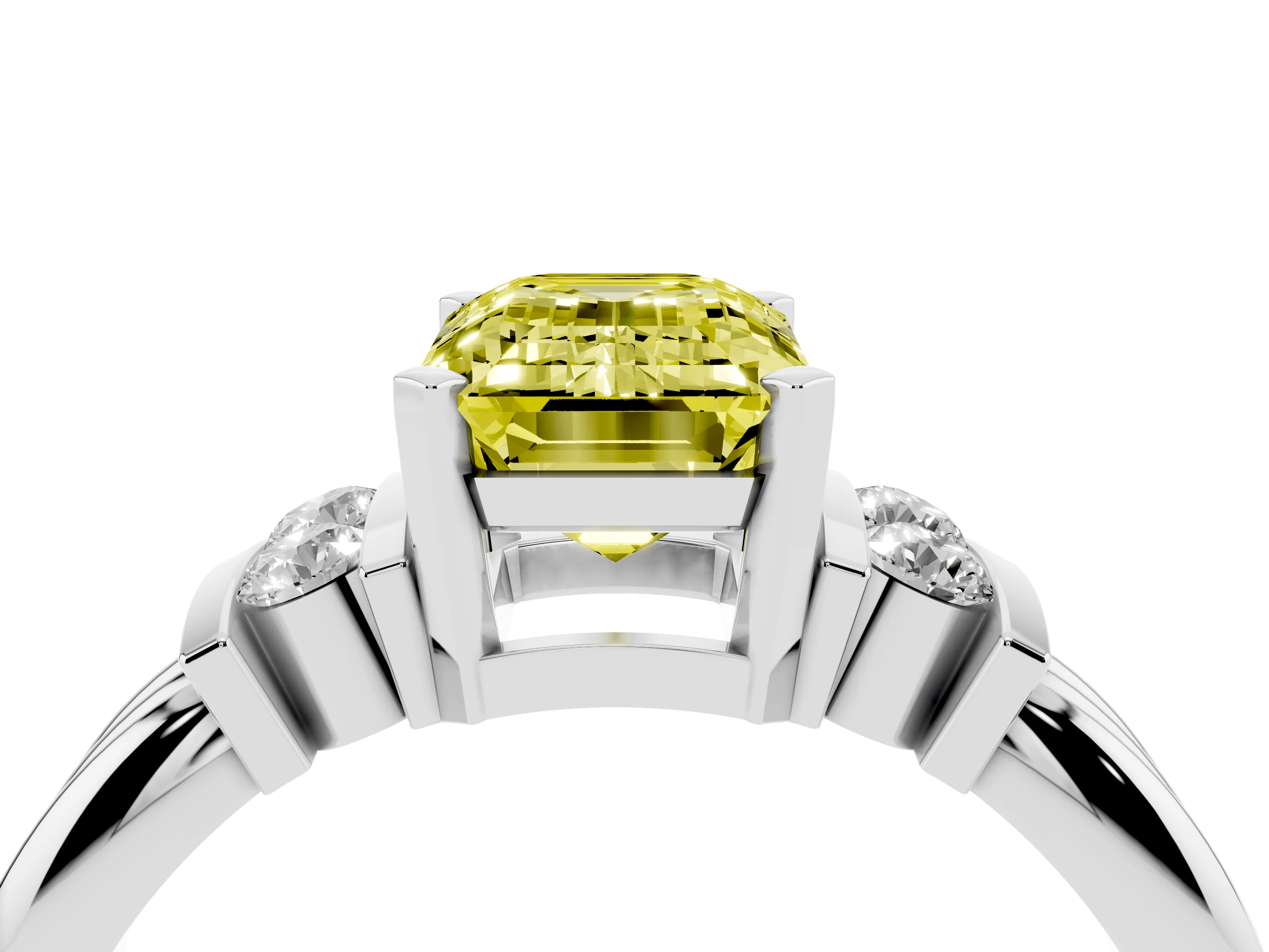 Fancy Yellow Three-Stone Emerald Cut Diamond Channel Set Ring Set in Silver with Bar Prongs