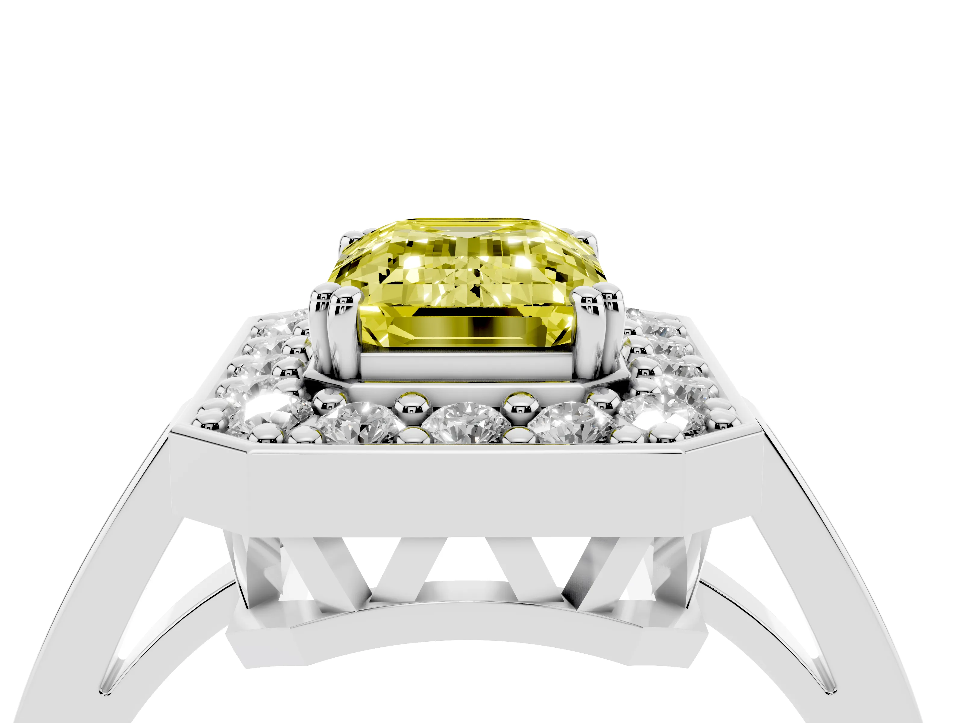 Fancy Yellow Emerald Cut Diamond Halo Ring Set in White gold with Accent-Lined Split Shank and Prong Setting