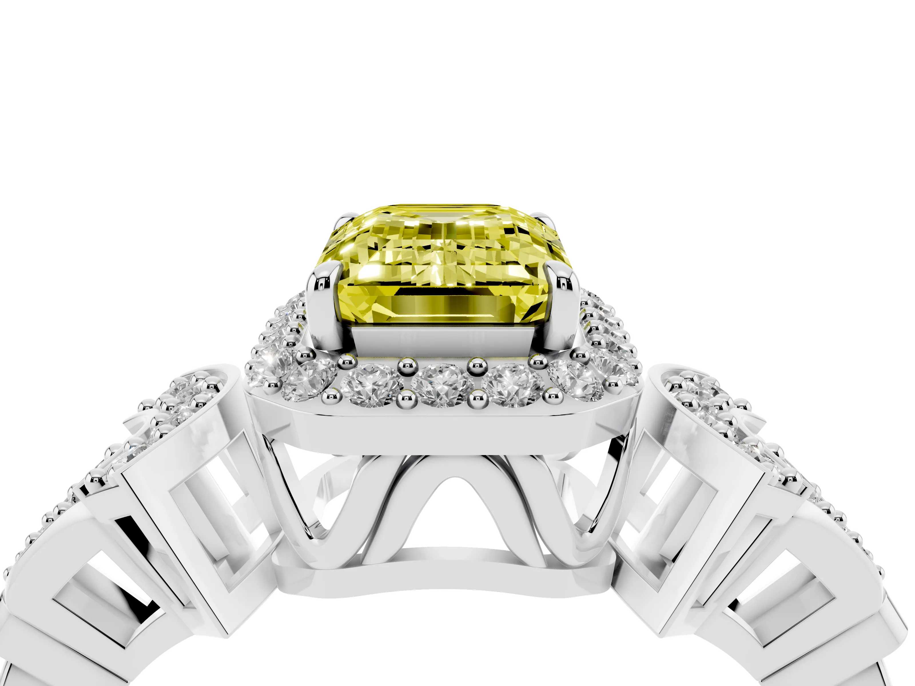 Fancy Yellow Emerald Cut Diamond Halo Engagement Ring Set in White gold with Accent Stone Split Shank