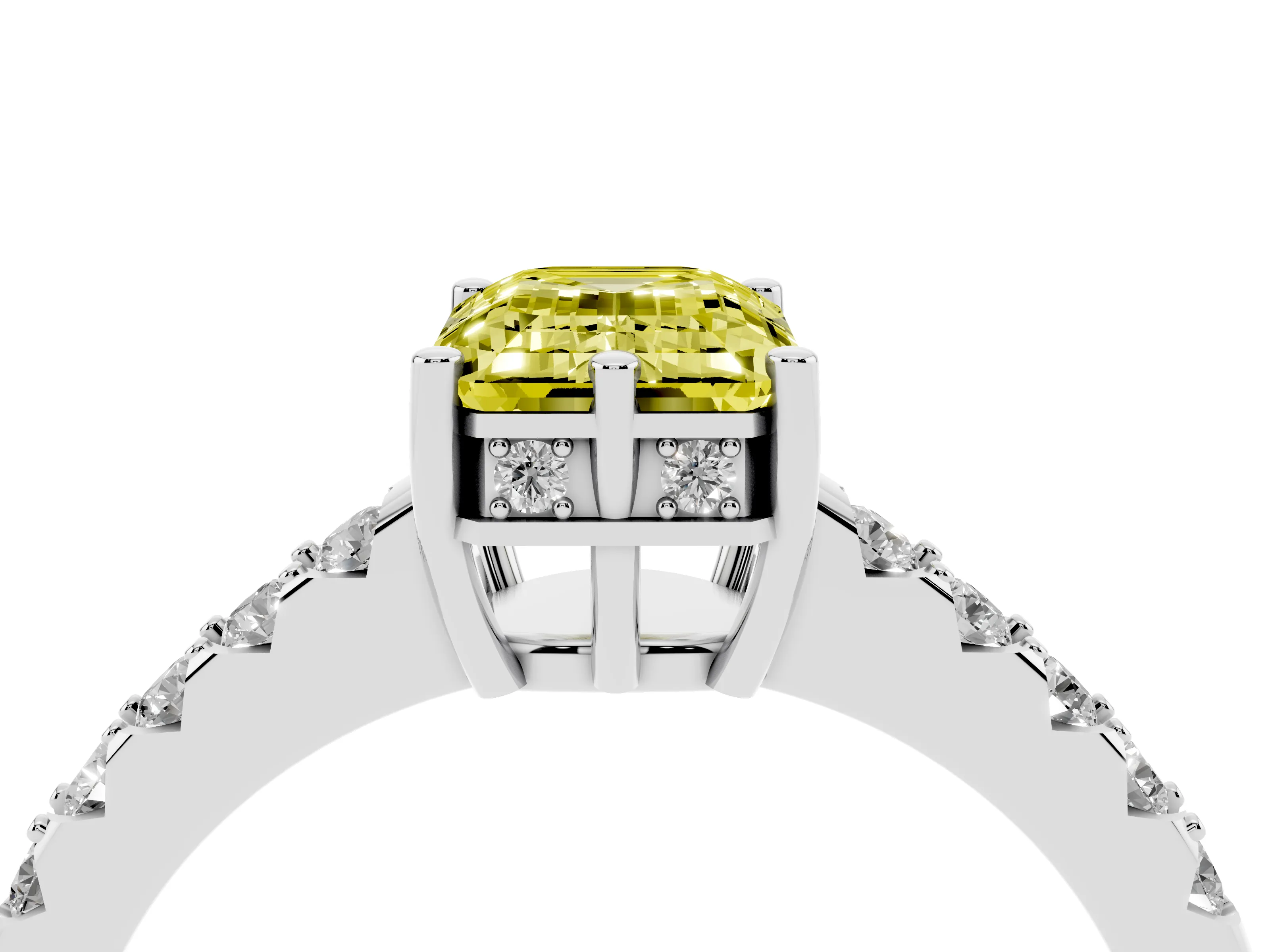 Fancy Yellow Emerald Cut Diamond Solitaire Engagement Ring Set in Silver with Pavé Band and Prong Setting