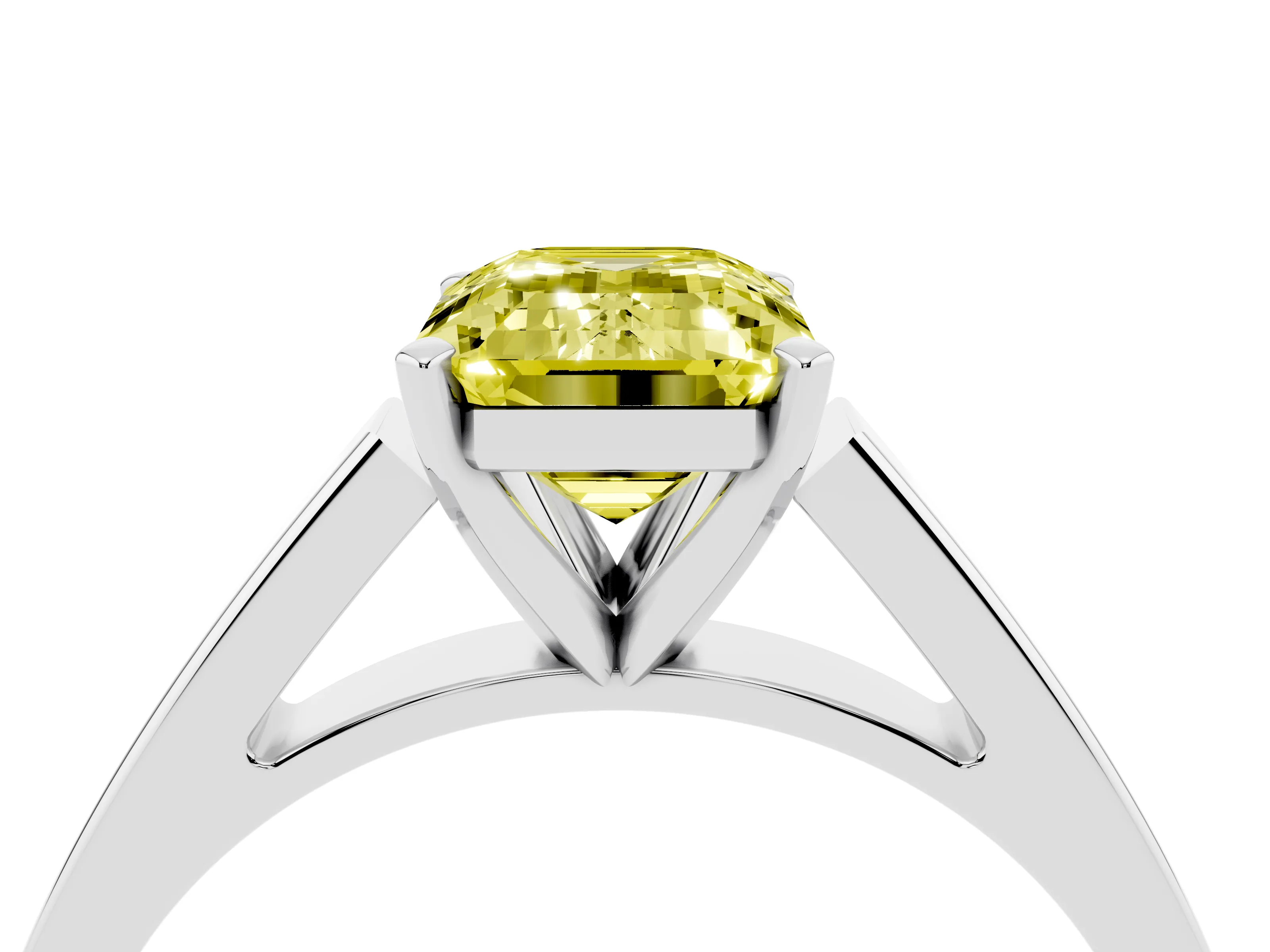 Fancy Yellow Emerald Cut Diamond Solitaire Engagement Ring Set in White gold with Prong Setting and Tapered Band